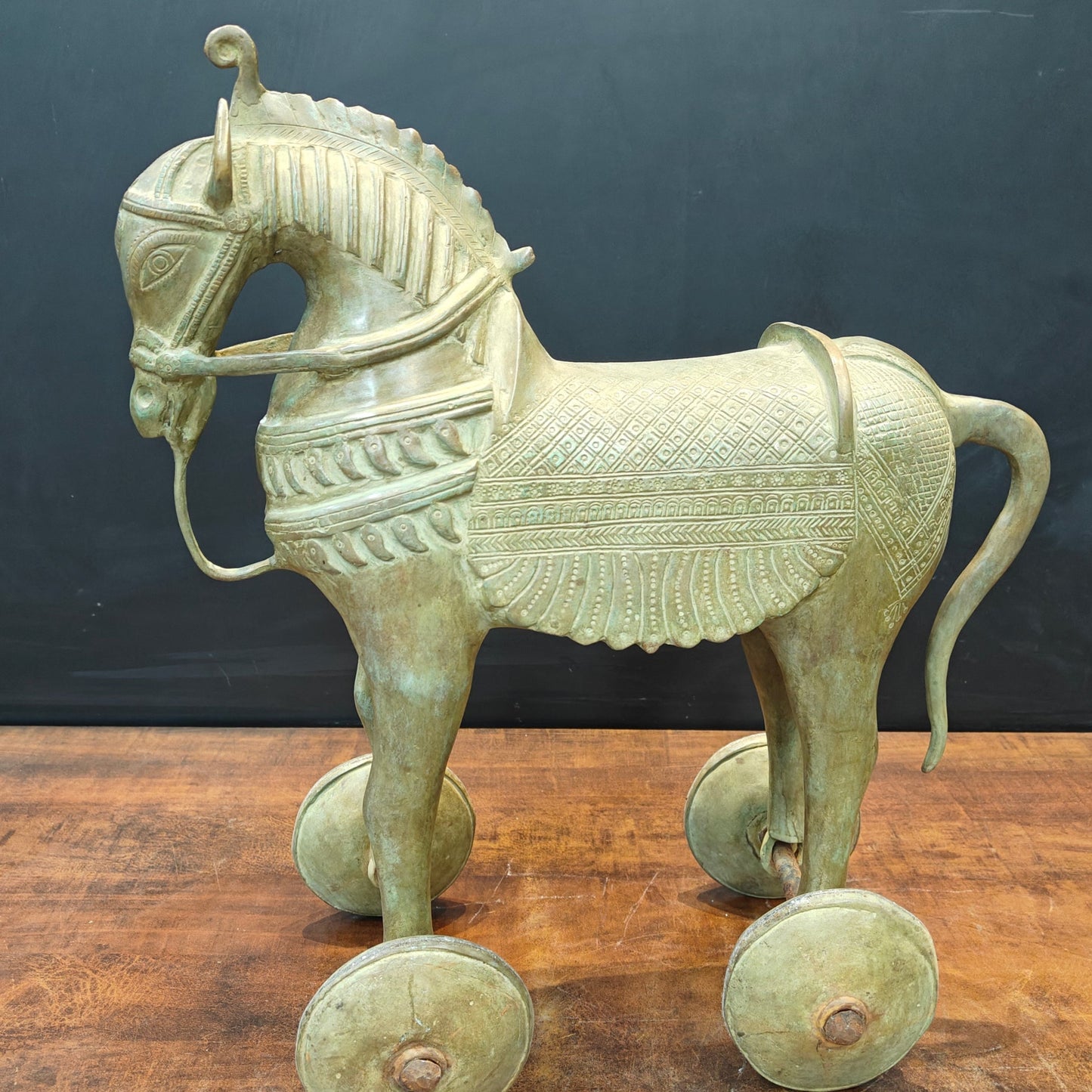Brass Vintage Horse Statue On Wheels Green Patina Finish 18 Inch