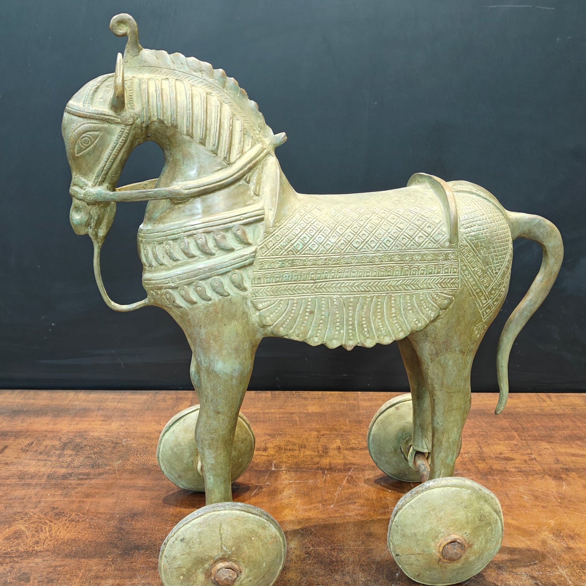 Brass Vintage Horse Statue On Wheels Green Patina Finish 18 Inch - Image 2
