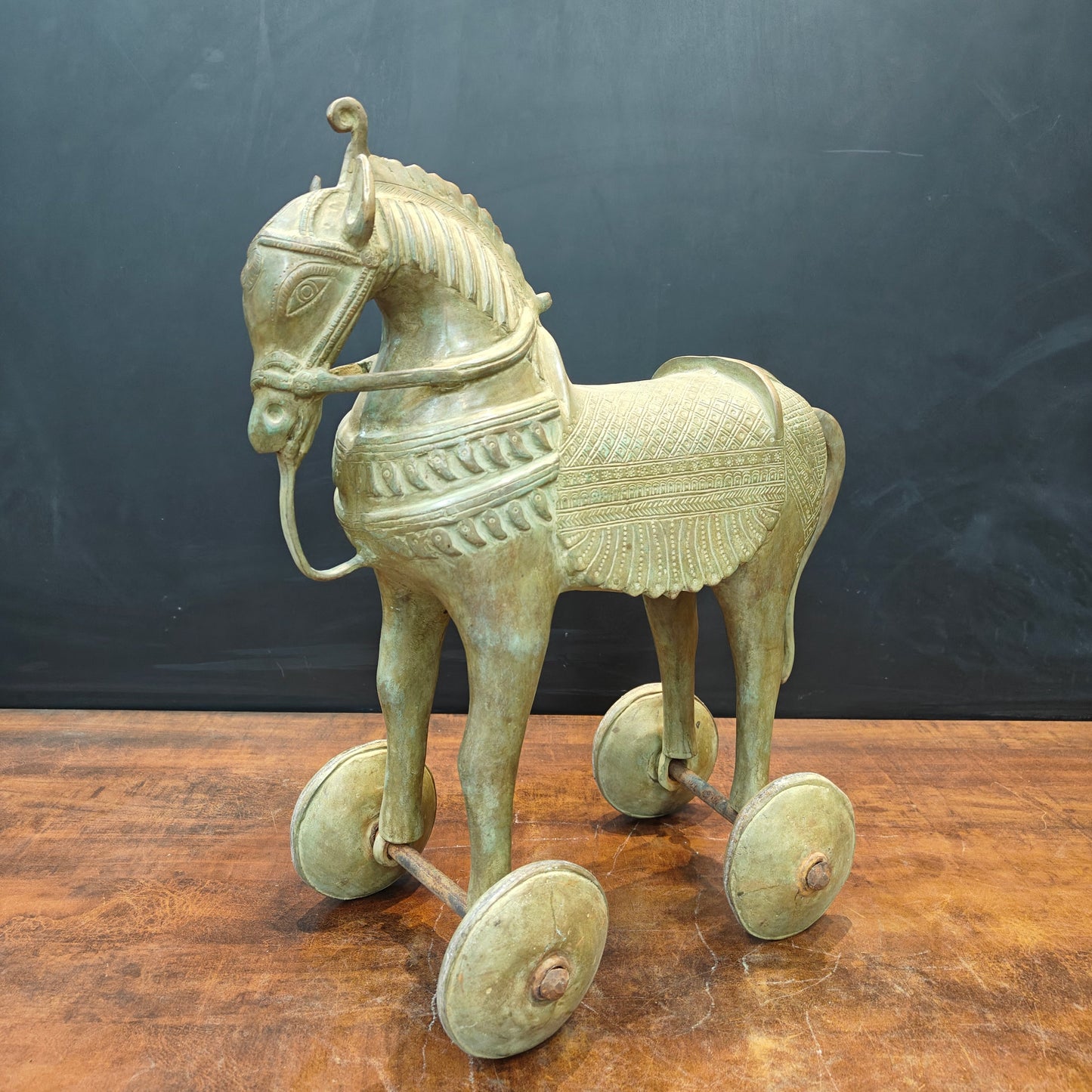 Brass Vintage Horse Statue On Wheels Green Patina Finish 18 Inch