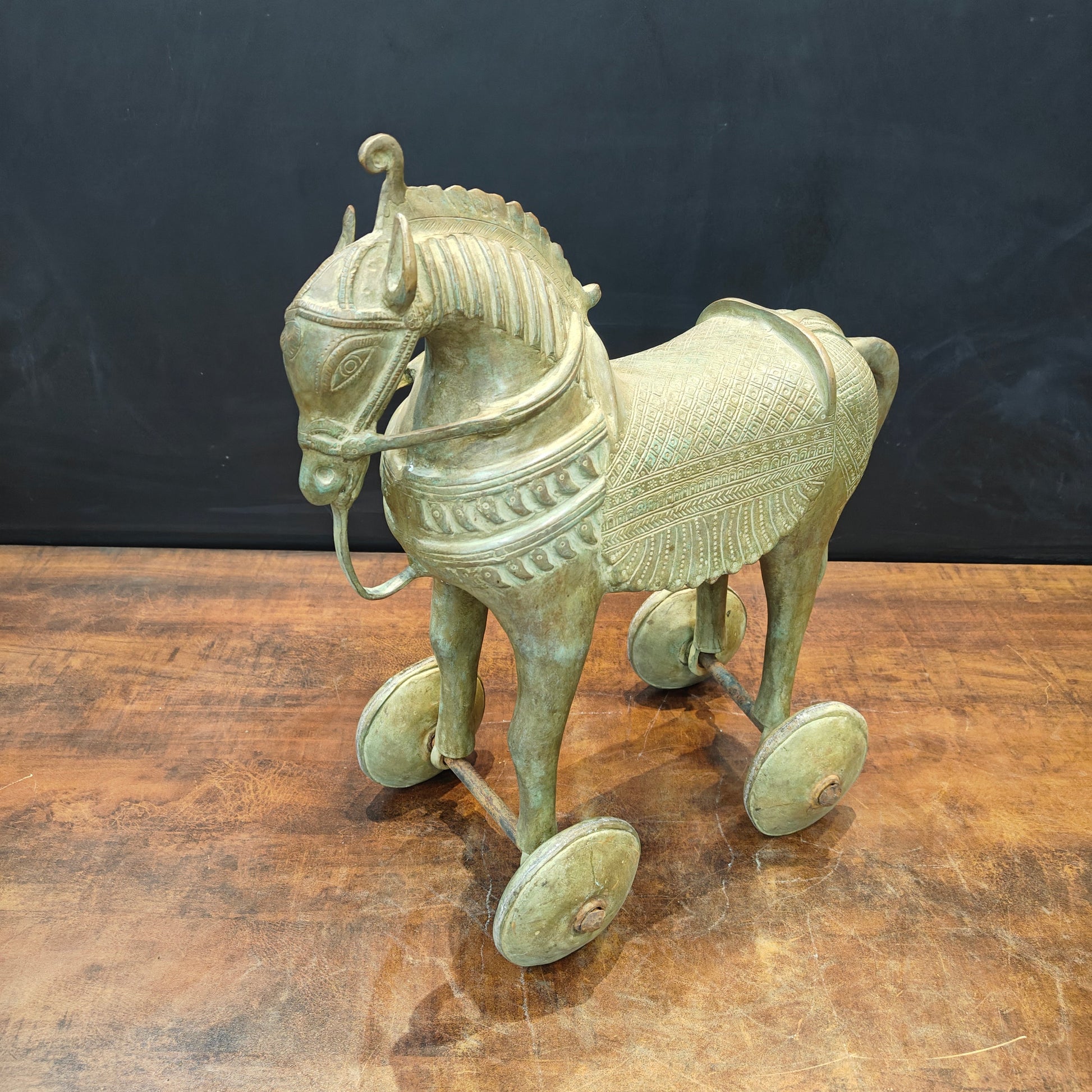 Brass Vintage Horse Statue On Wheels Green Patina Finish 18 Inch - Image 4