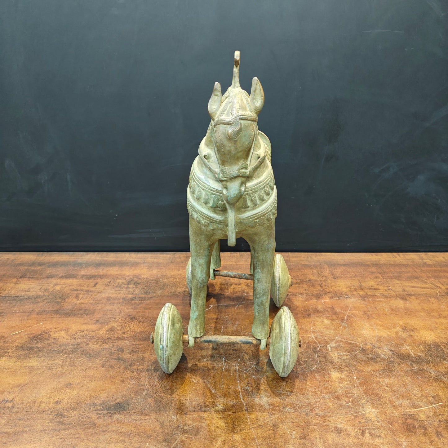 Brass Vintage Horse Statue On Wheels Green Patina Finish 18 Inch