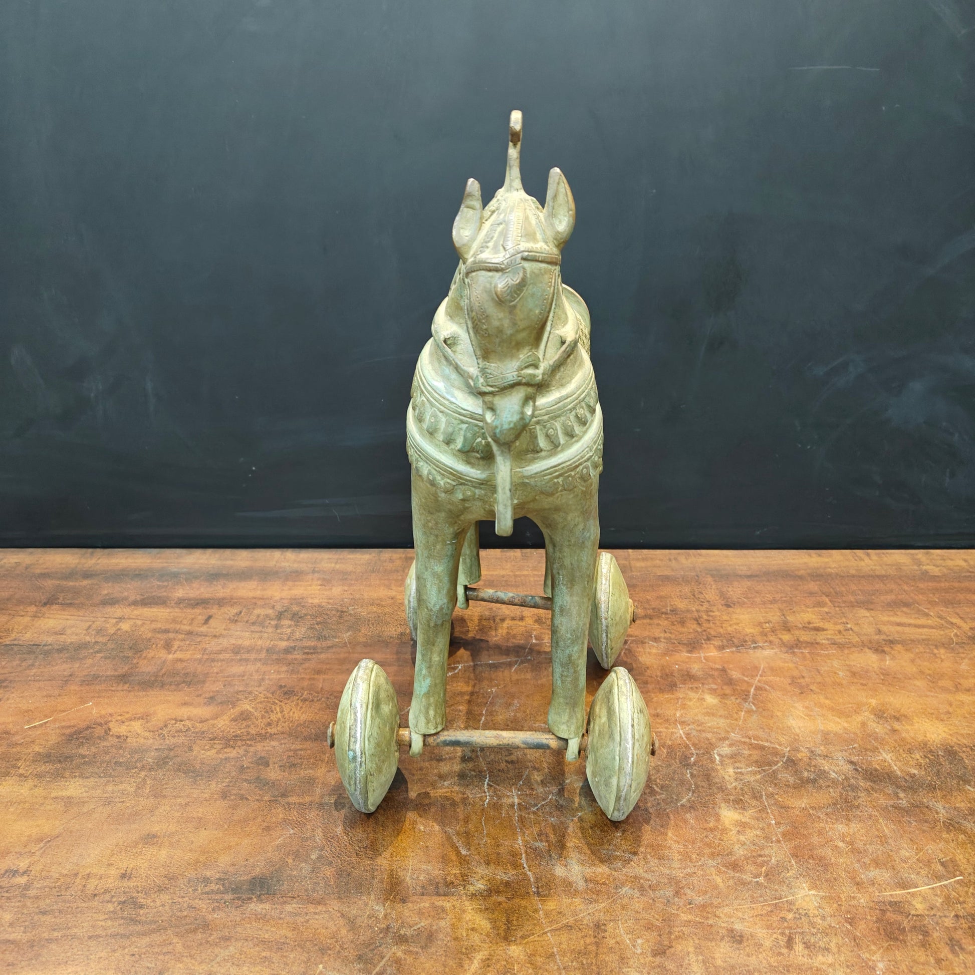 Brass Vintage Horse Statue On Wheels Green Patina Finish 18 Inch - Image 5