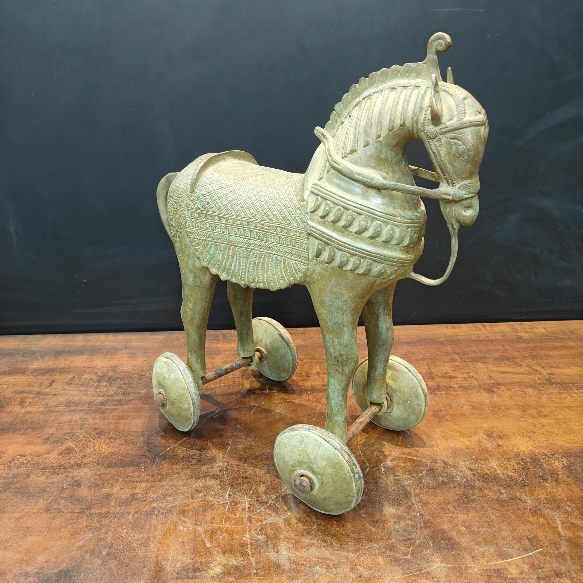 Brass Vintage Horse Statue On Wheels Green Patina Finish 18 Inch - Image 6