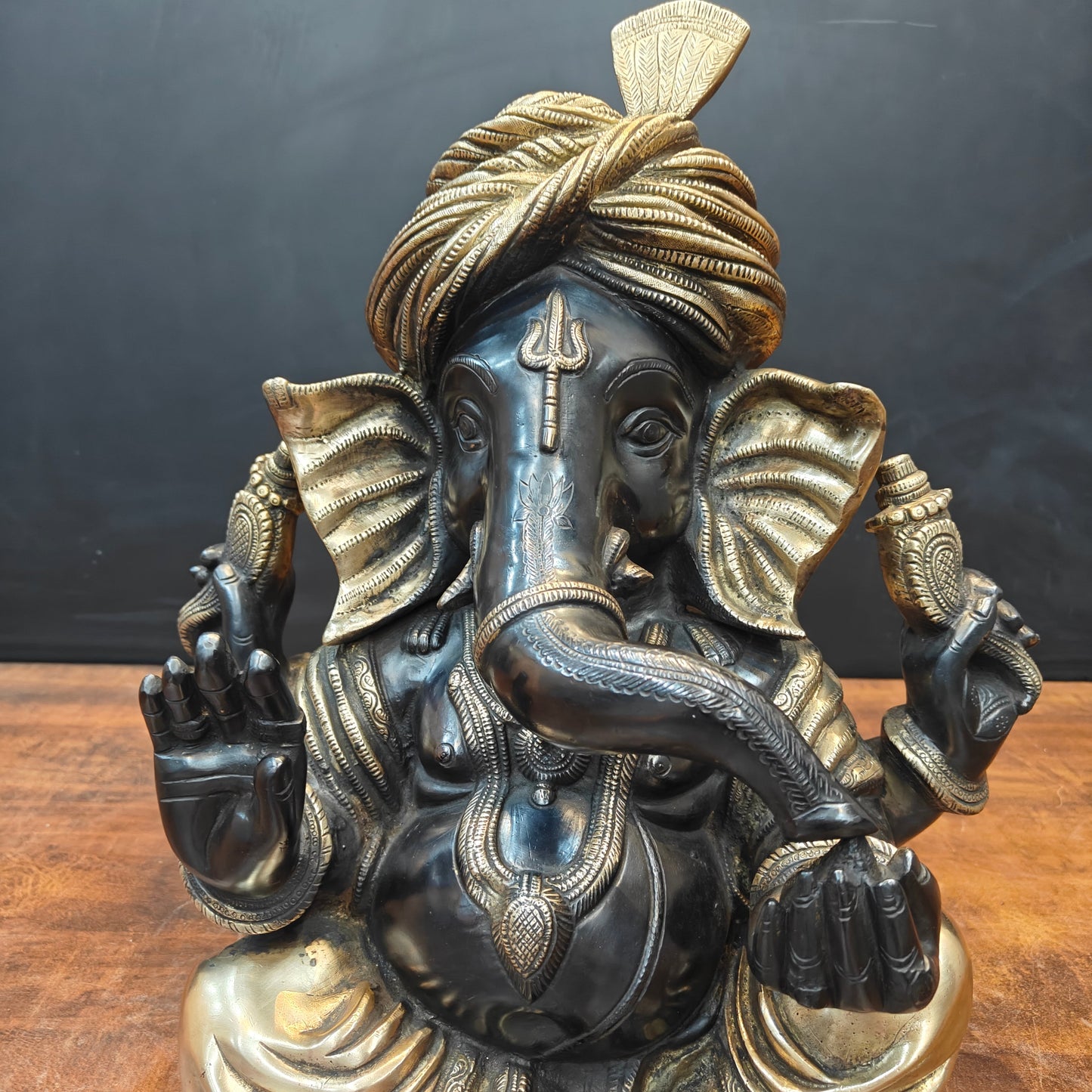 Brass Turbaned Ganesha Statue Black Gold Finish 17 Inch