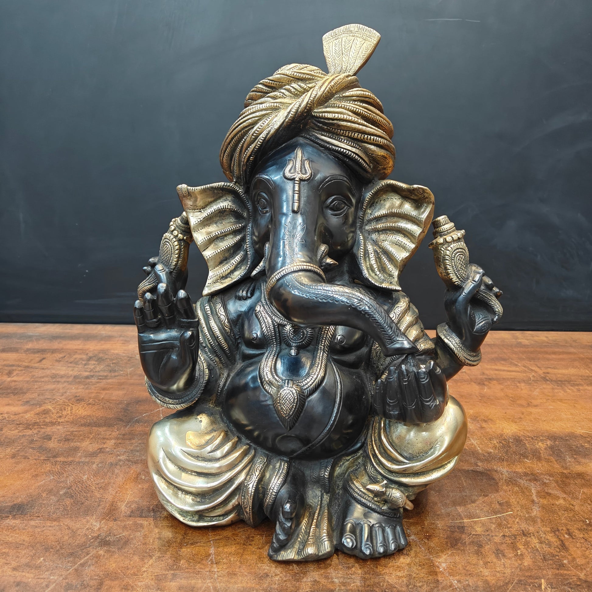 Brass Turbaned Ganesha Statue Black Gold Finish 17 Inch - Image 3