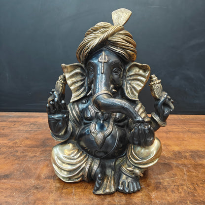 Brass Turbaned Ganesha Statue Black Gold Finish 17 Inch by vendor-unknown - Hindu Gods (View 3)