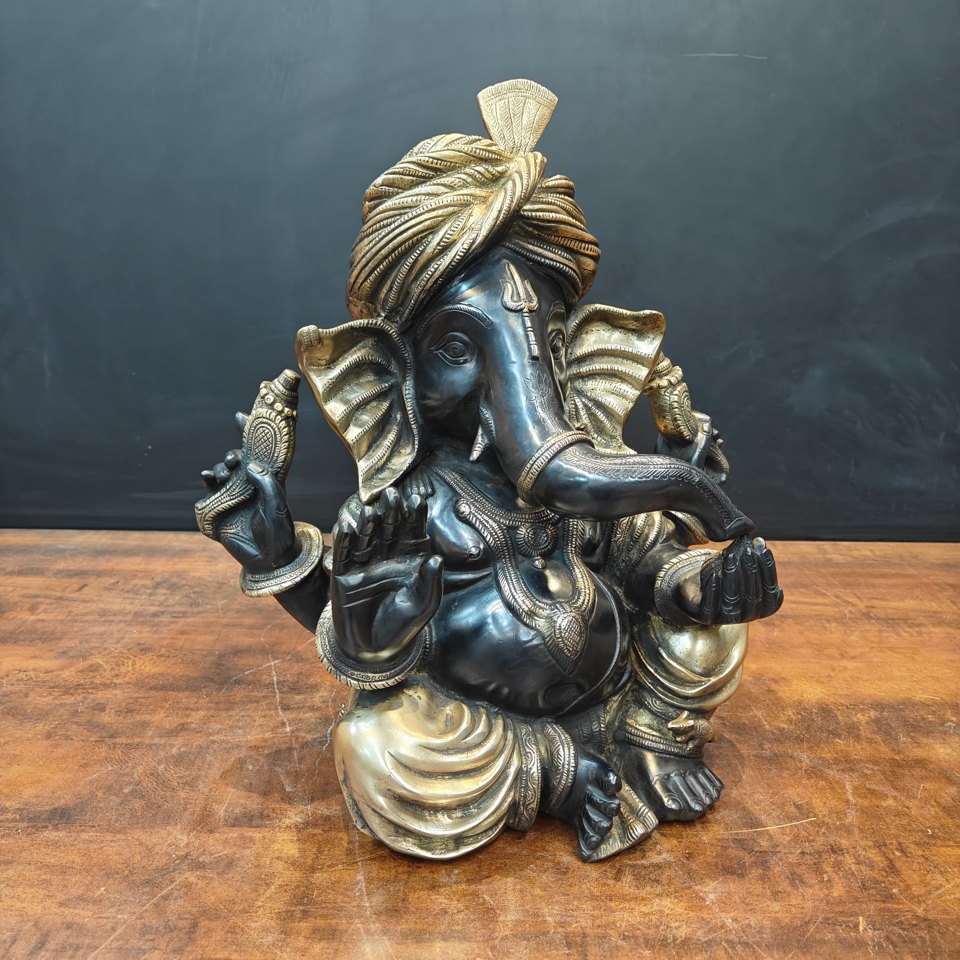 Brass Turbaned Ganesha Statue Black Gold Finish 17 Inch - Image 5