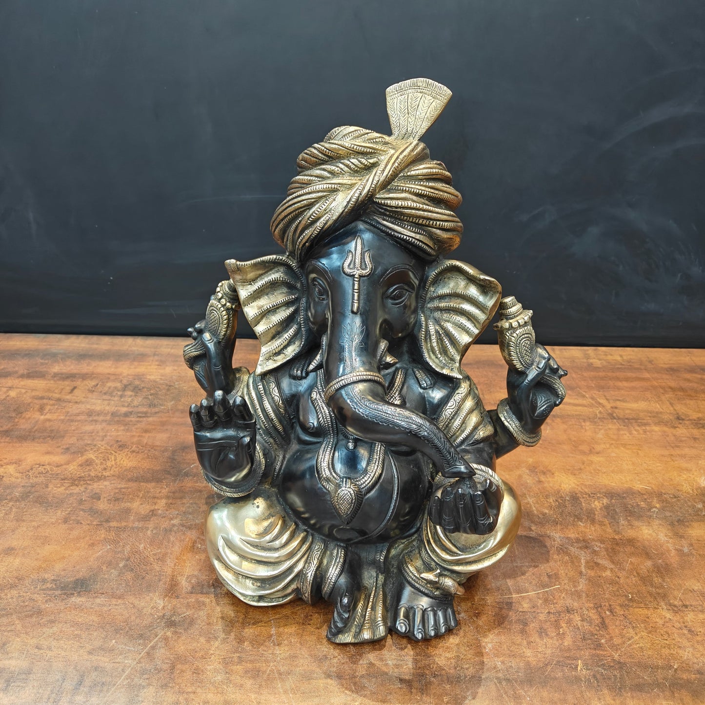 Brass Turbaned Ganesha Statue Black Gold Finish 17 Inch