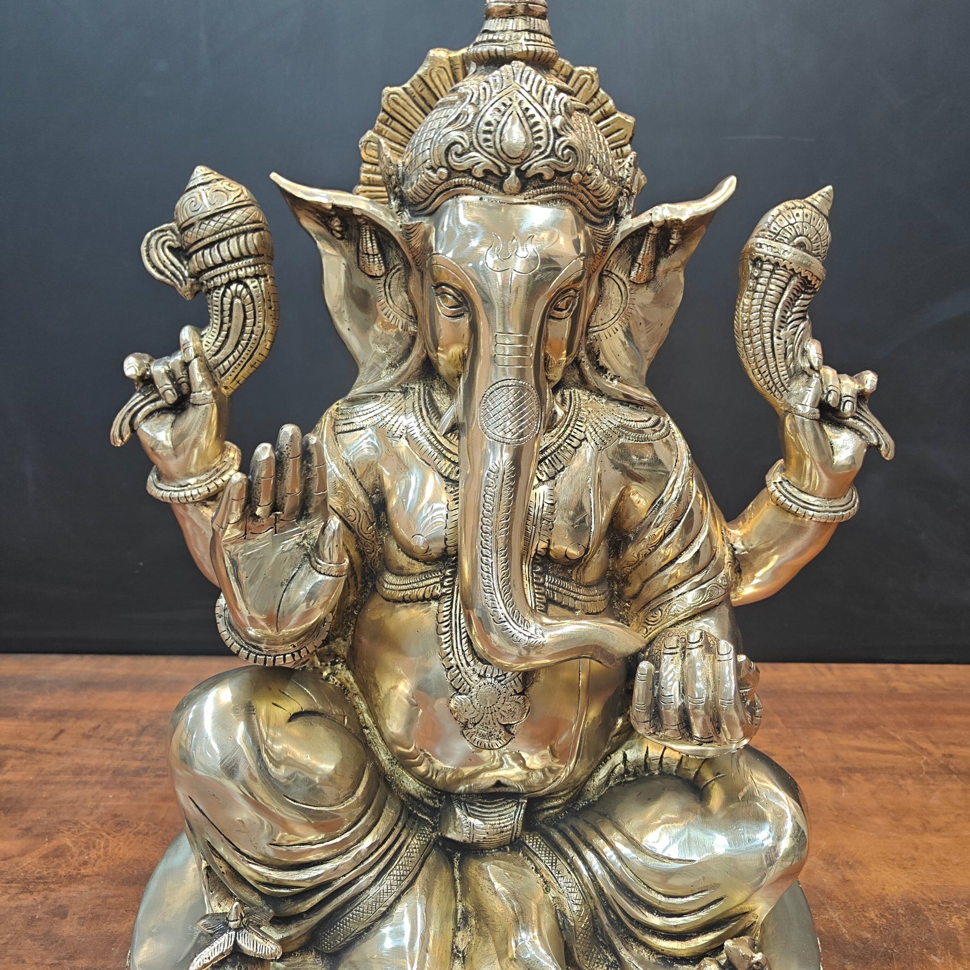 Brass Ganesha Idol Seated On Base Golden Finish 21 Inch - Image 2