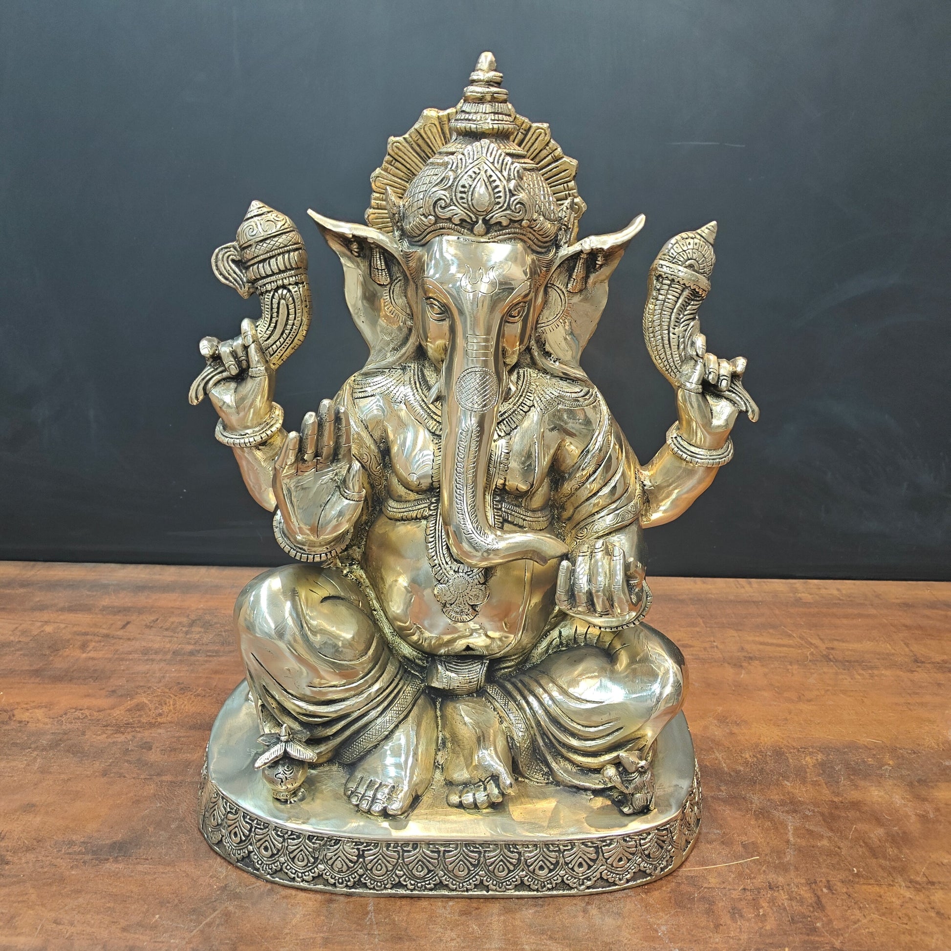 Brass Ganesha Idol Seated On Base Golden Finish 21 Inch - Image 3