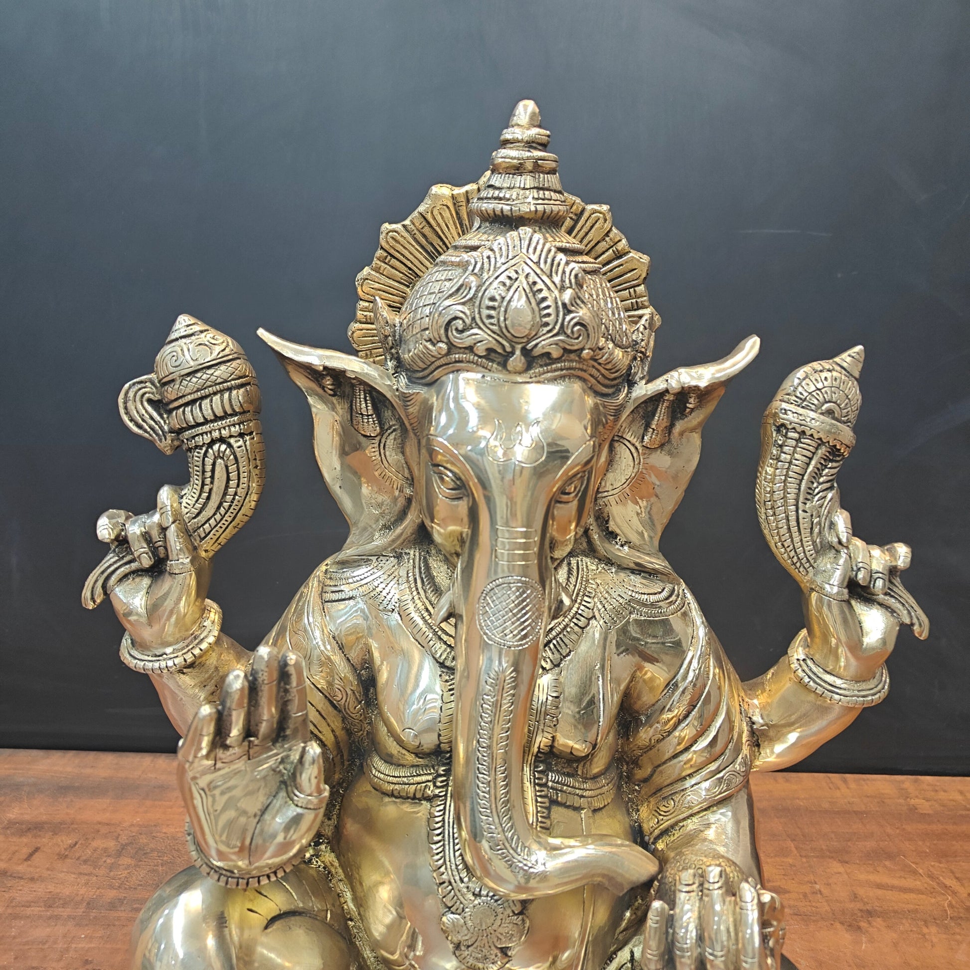 Brass Ganesha Idol Seated On Base Golden Finish 21 Inch - Image 4