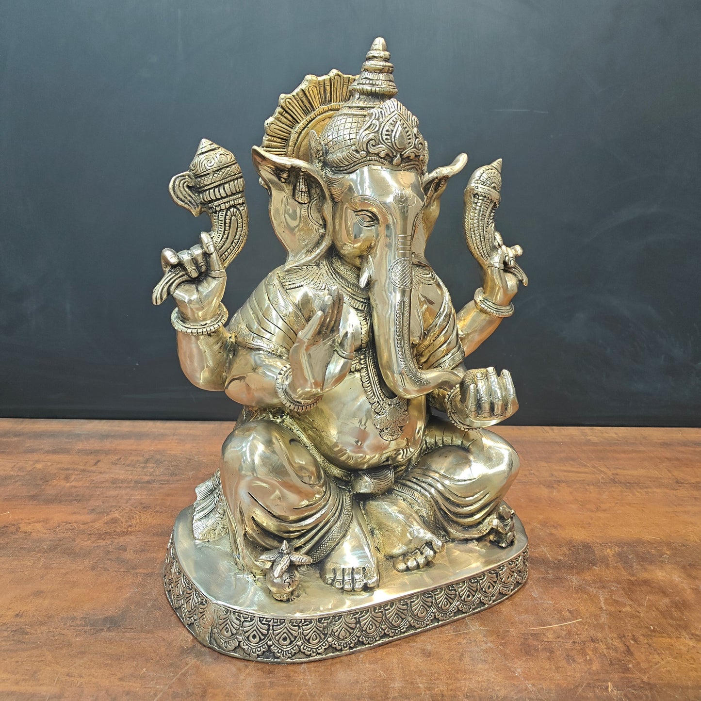 Brass Ganesha Idol Seated On Base Golden Finish 21 Inch