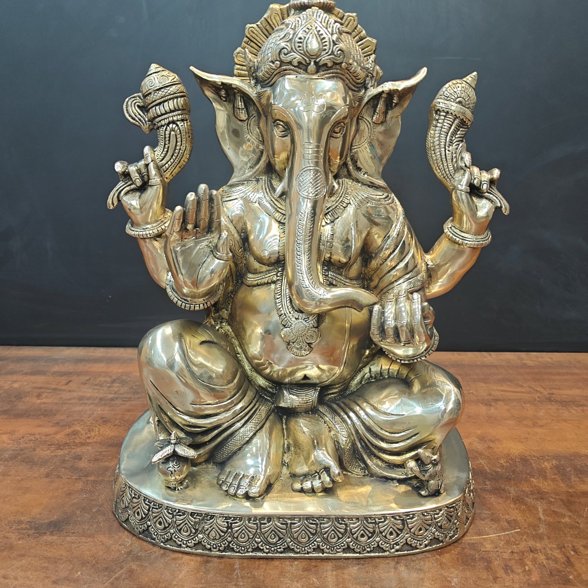 Brass Ganesha Idol Seated On Base Golden Finish 21 Inch - Image 6