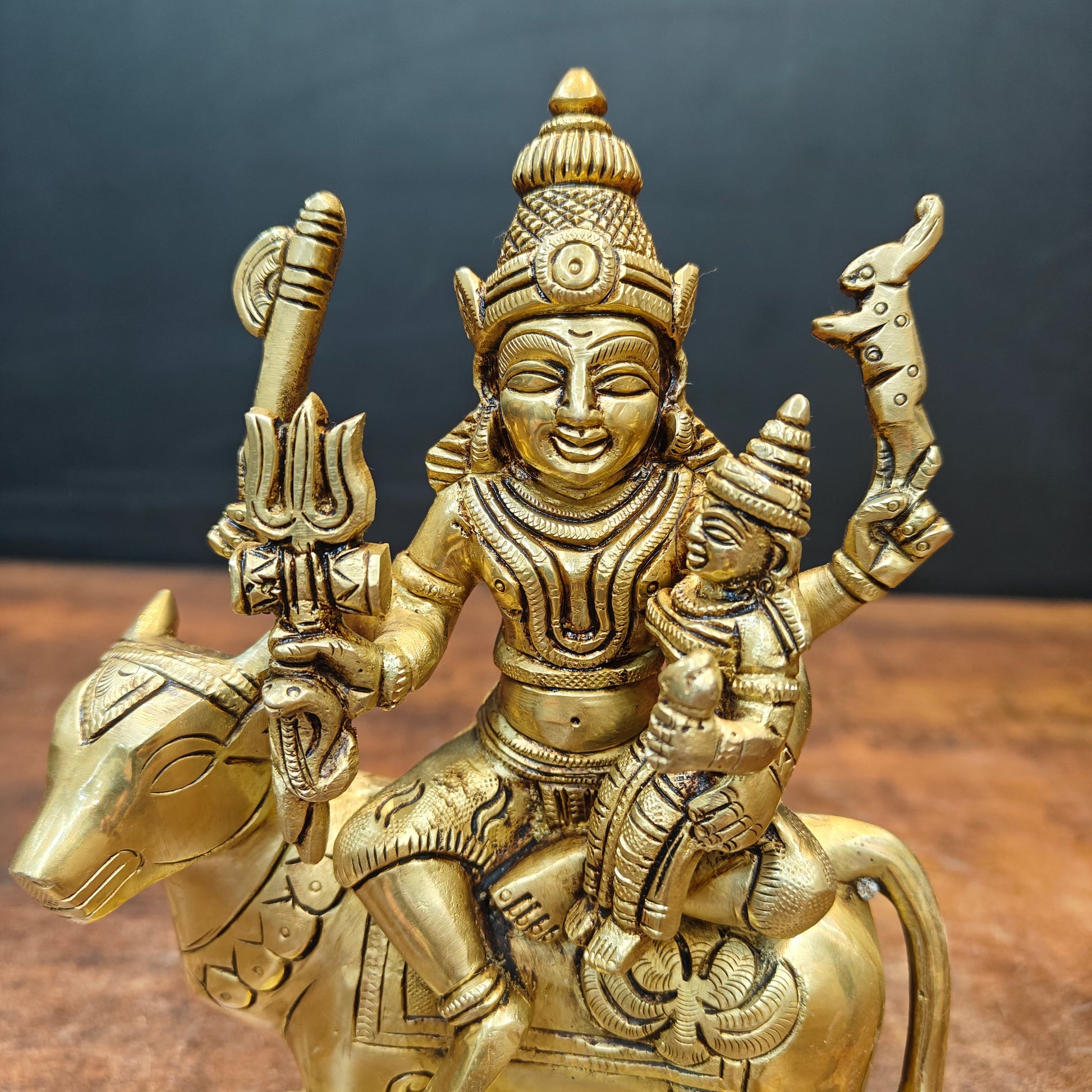Brass Fine Shiva Parvati Idols Seated on Nandi 8 Inch - Image 2