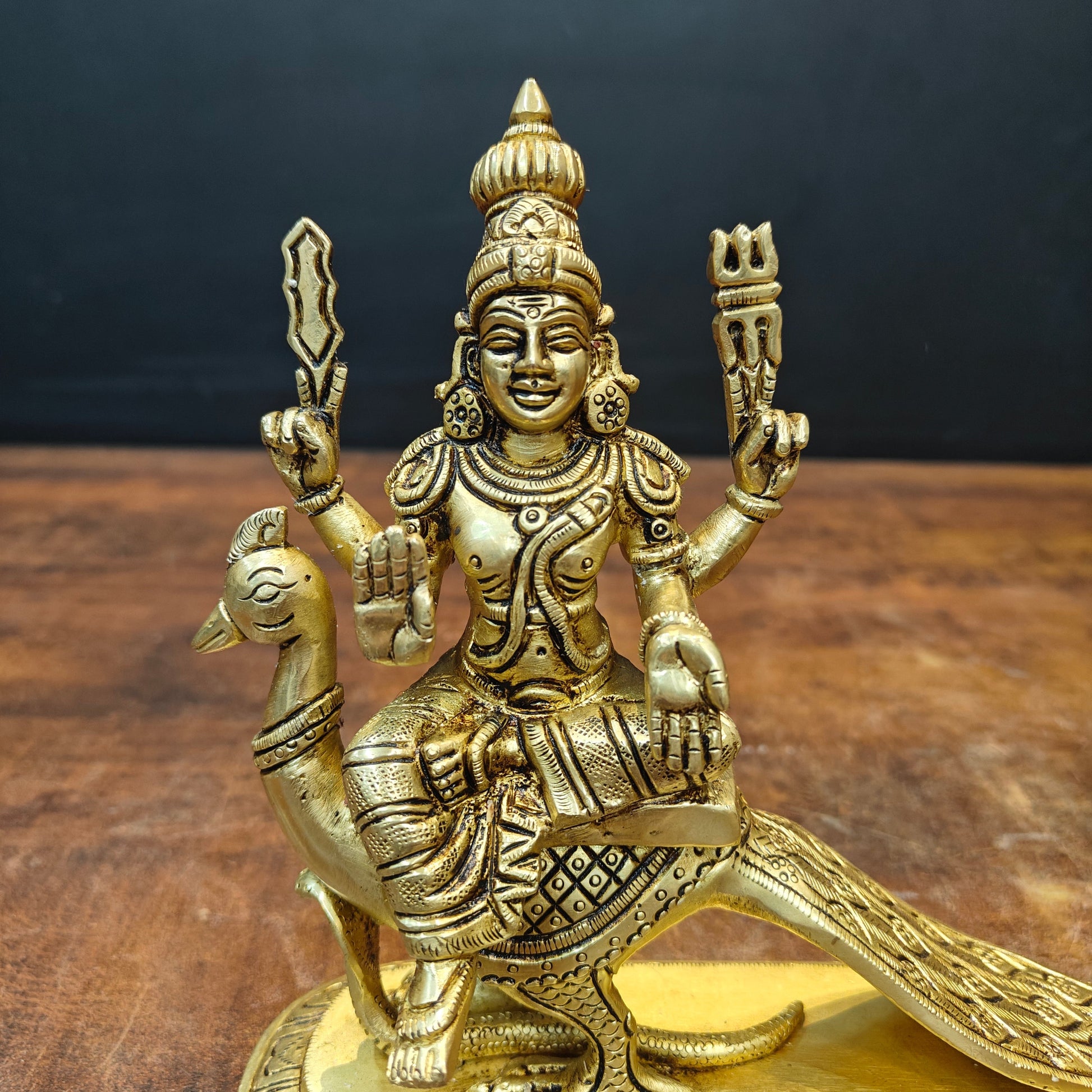 Brass Fine Kartikeya Murugan Idol Seated on Peacock 8 Inch - Image 2