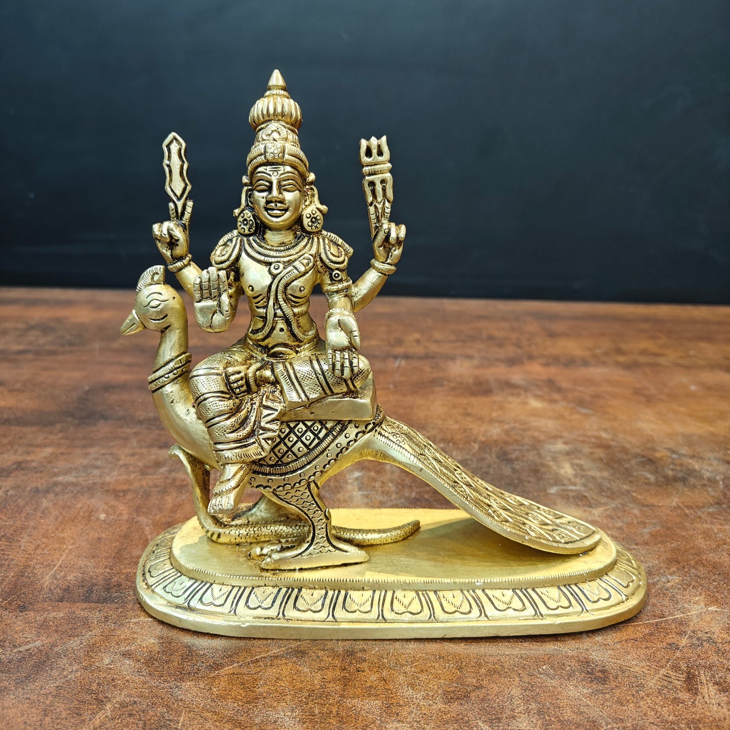 Brass Fine Kartikeya Murugan Idol Seated on Peacock 8 Inch