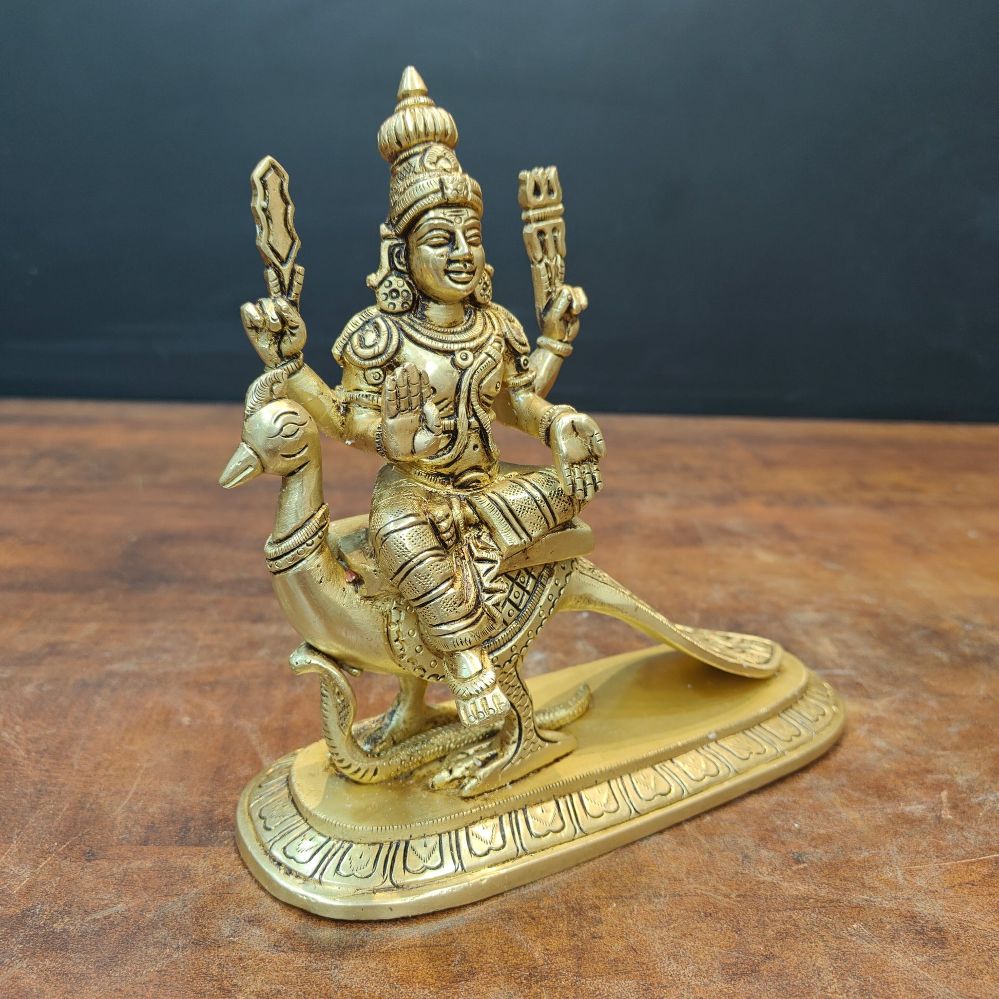 Brass Fine Kartikeya Murugan Idol Seated on Peacock 8 Inch - Image 4