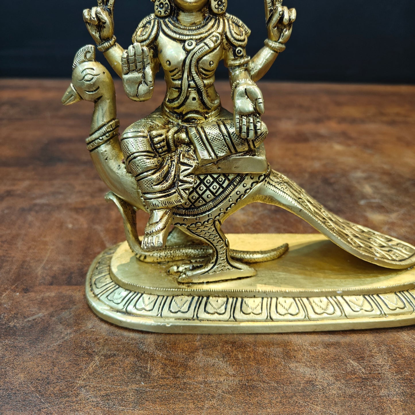 Brass Fine Kartikeya Murugan Idol Seated on Peacock 8 Inch