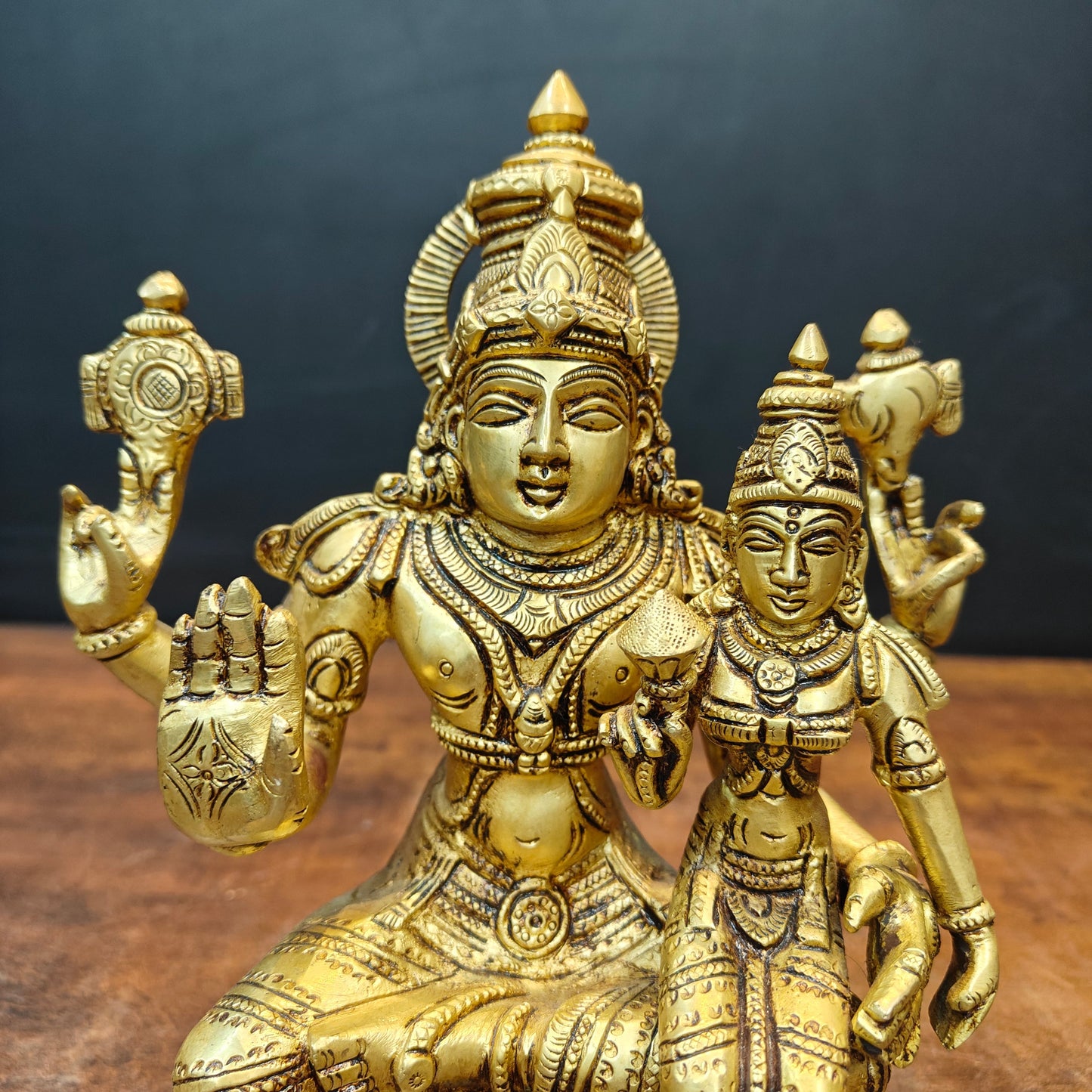 Brass Fine Vishnu Lakshmi Idols Seated On Lotus Golden Finish 9 Inch