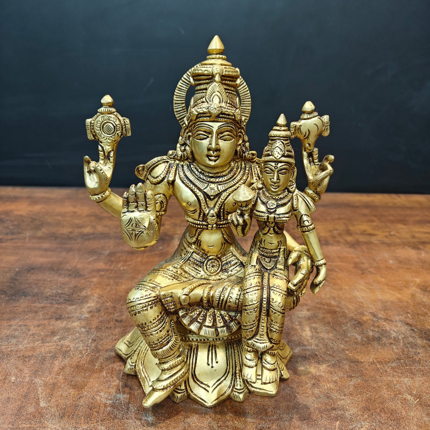 Brass Fine Vishnu Lakshmi Idols Seated On Lotus Golden Finish 9 Inch