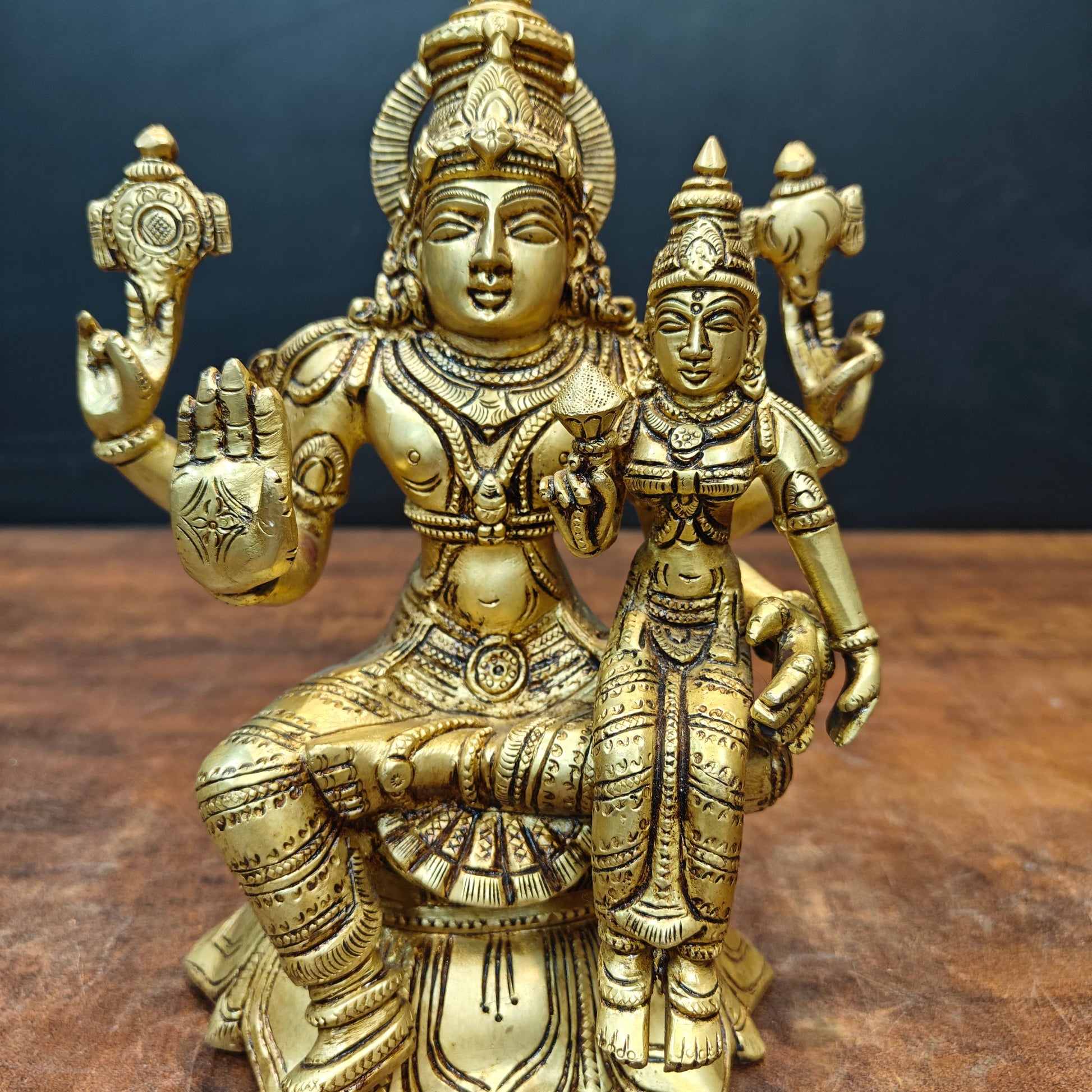 Brass Fine Vishnu Lakshmi Idols Seated On Lotus Golden Finish 9 Inch - Image 4