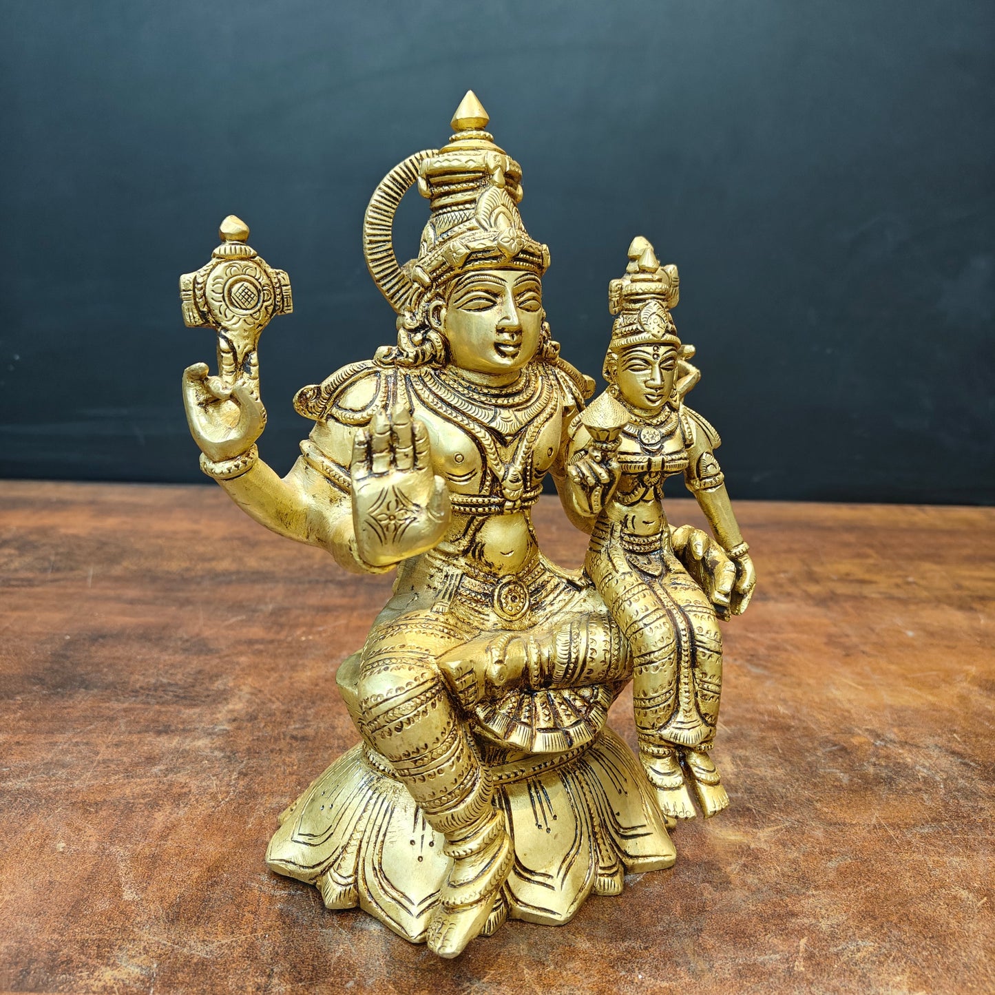 Brass Fine Vishnu Lakshmi Idols Seated On Lotus Golden Finish 9 Inch