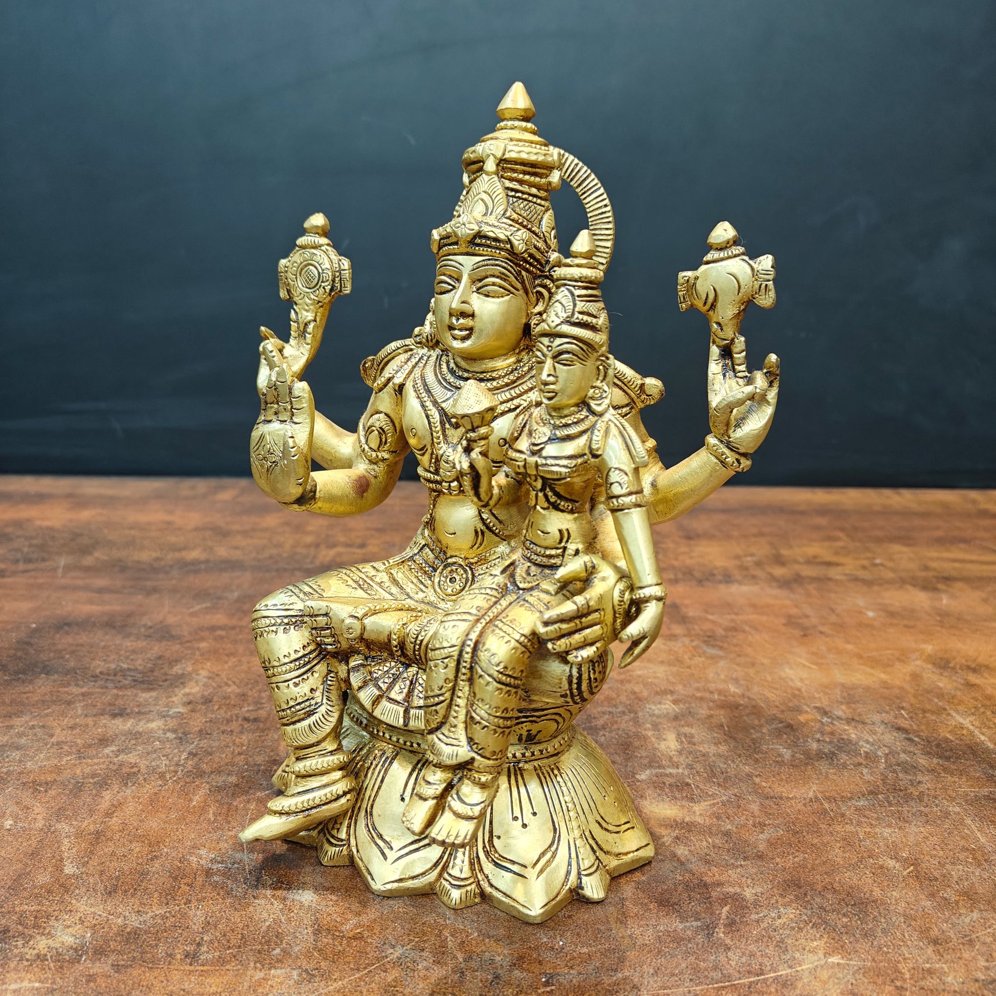 Brass Fine Vishnu Lakshmi Idols Seated On Lotus Golden Finish 9 Inch - Image 6