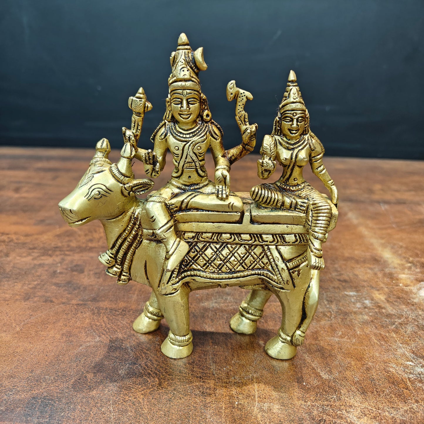 Brass Fine Exquisite Shiva Parvati Statue Seated on Nandi 6.5 Inch