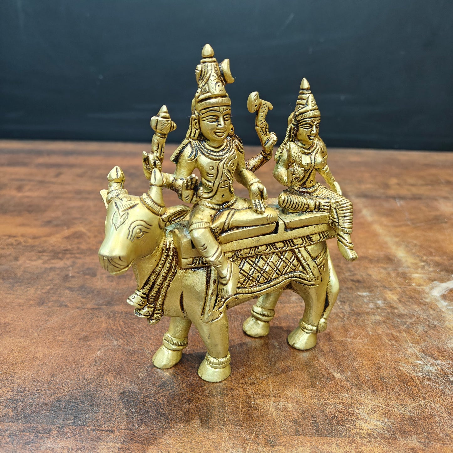 Brass Fine Exquisite Shiva Parvati Statue Seated on Nandi 6.5 Inch