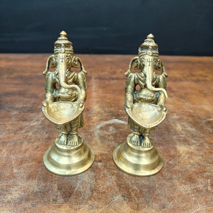 Brass Fine Ganesha Diya Pair For Home Temple Religious Decor Showpiece 5 Inch by vendor-unknown - Spiritual (View 2)