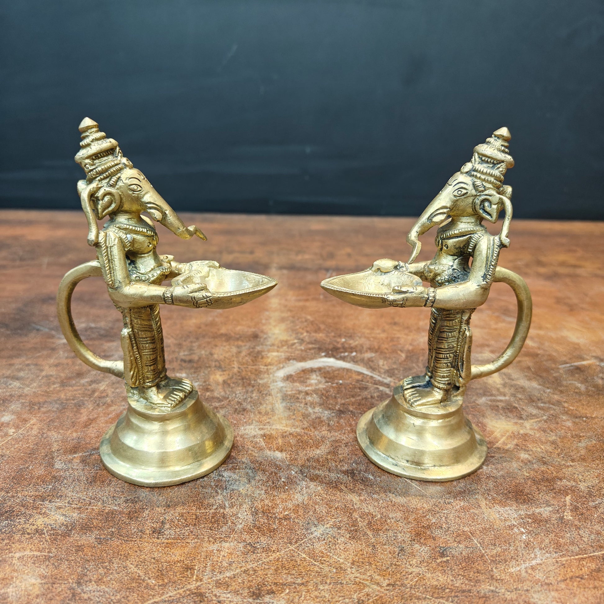 Brass Fine Ganesha Diya Pair For Home Temple Religious Decor Showpiece 5 Inch - Image 5