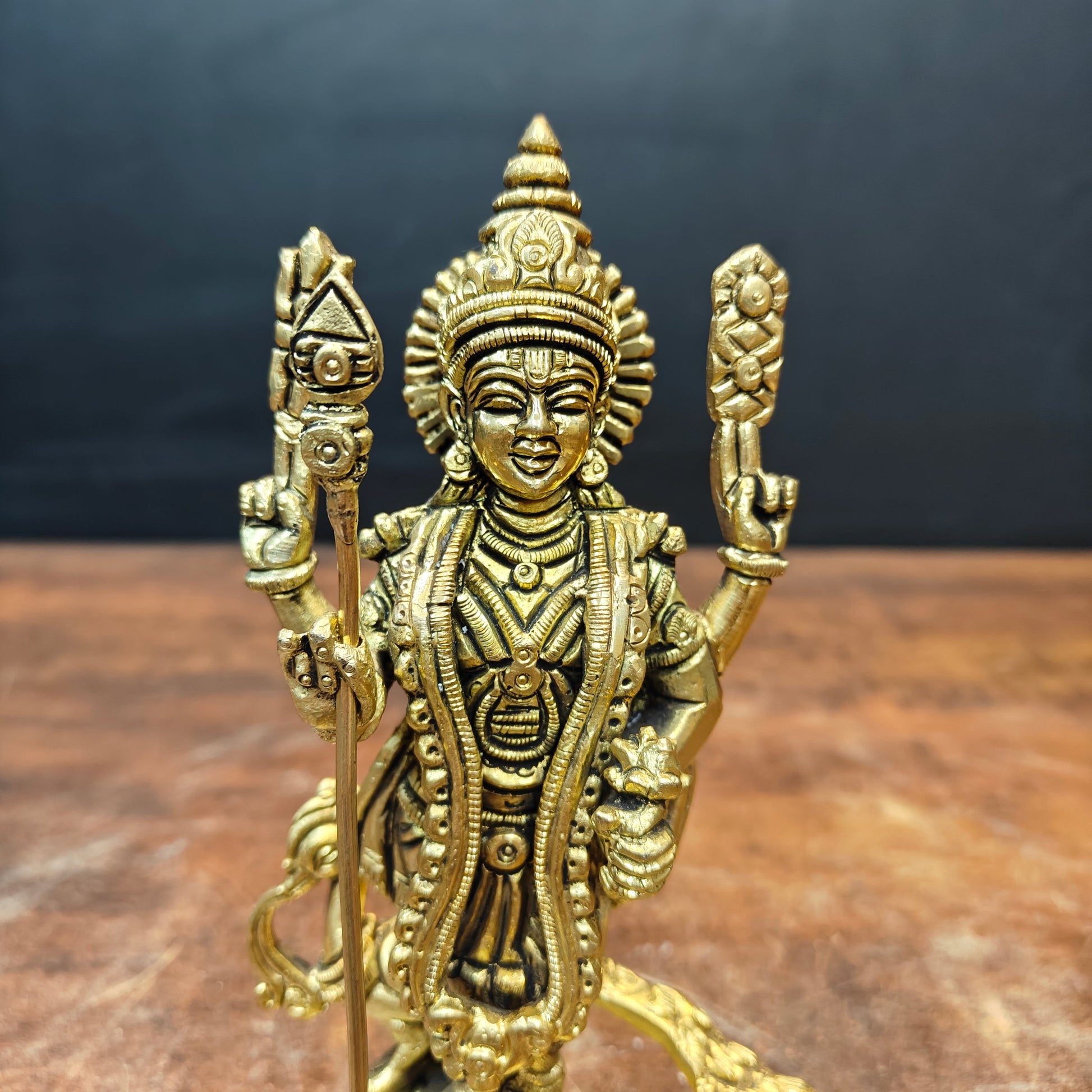 Brass Fine Small Murugan Swamy Kartikeya Idol Golden Finish 7 Inch - Image 2