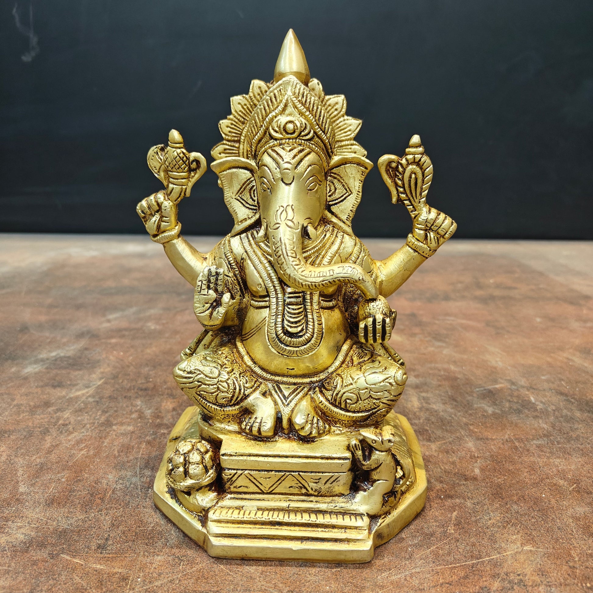 Brass Ganesha Idol Golden Finish 8 Inch - Image 3