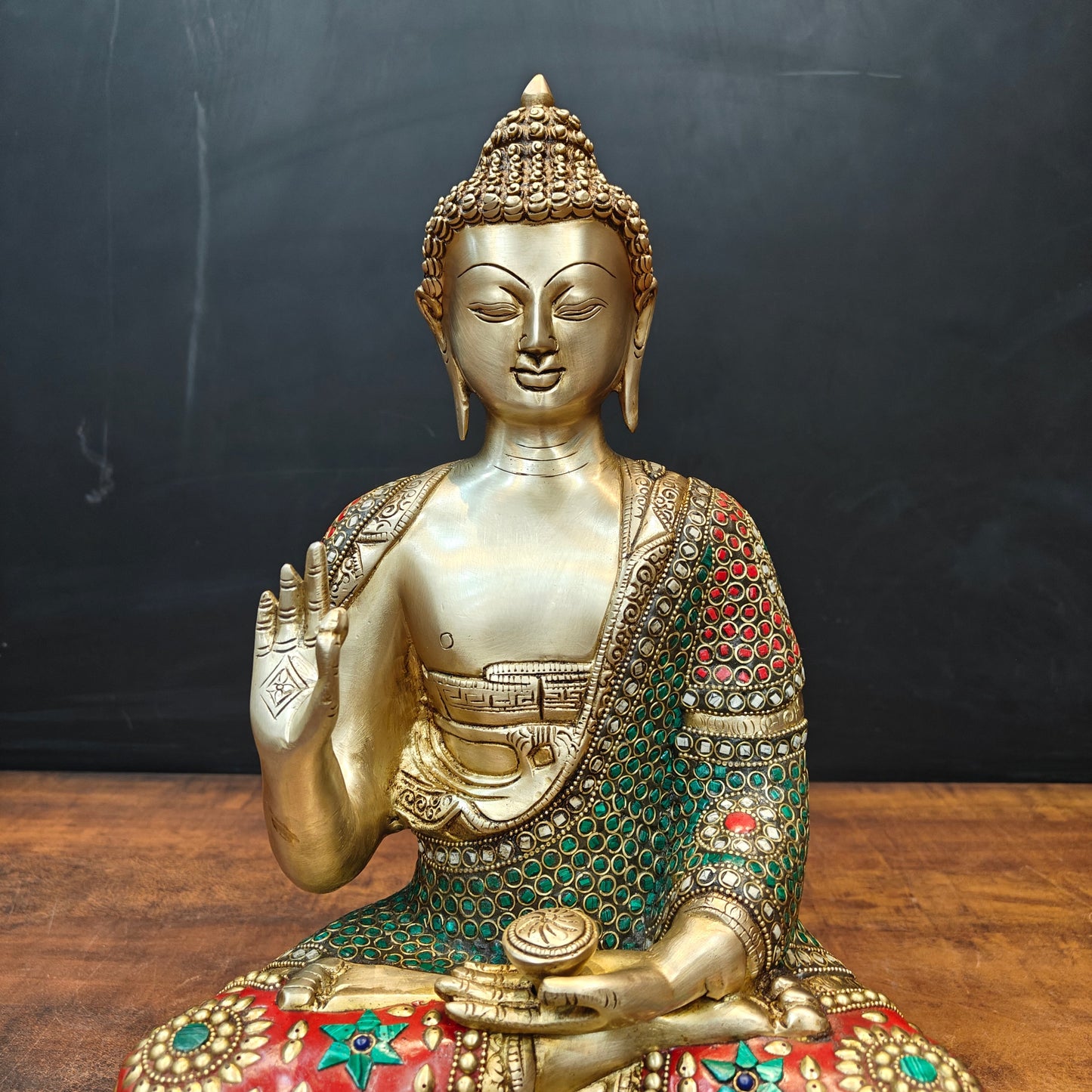 Brass Blessing Buddha Statue With Stone Work 16 Inch