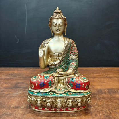 Brass Blessing Buddha Statue With Stone Work 16 Inch by vendor-unknown - Buddha (View 3)