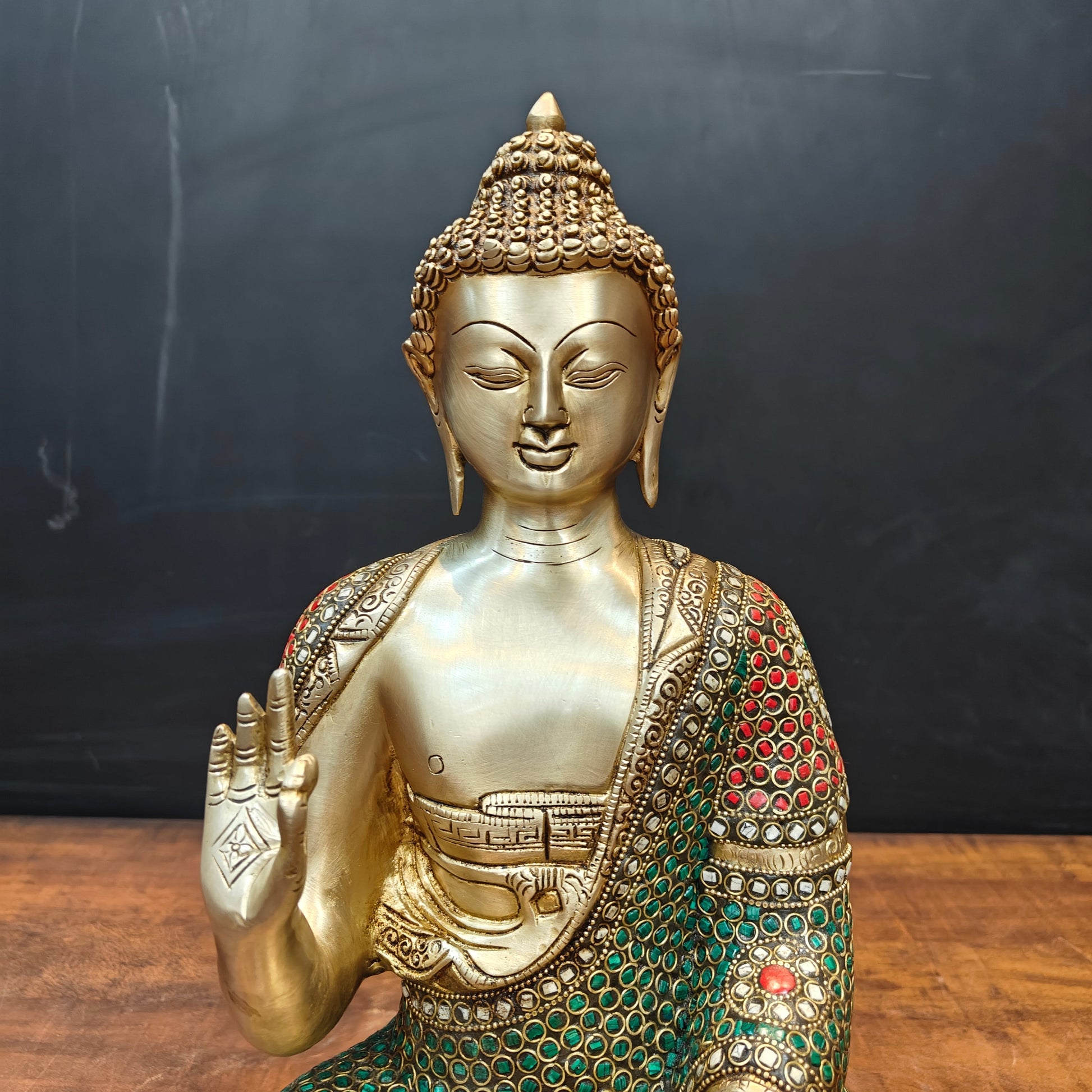 Brass Blessing Buddha Statue With Stone Work 16 Inch - Image 4