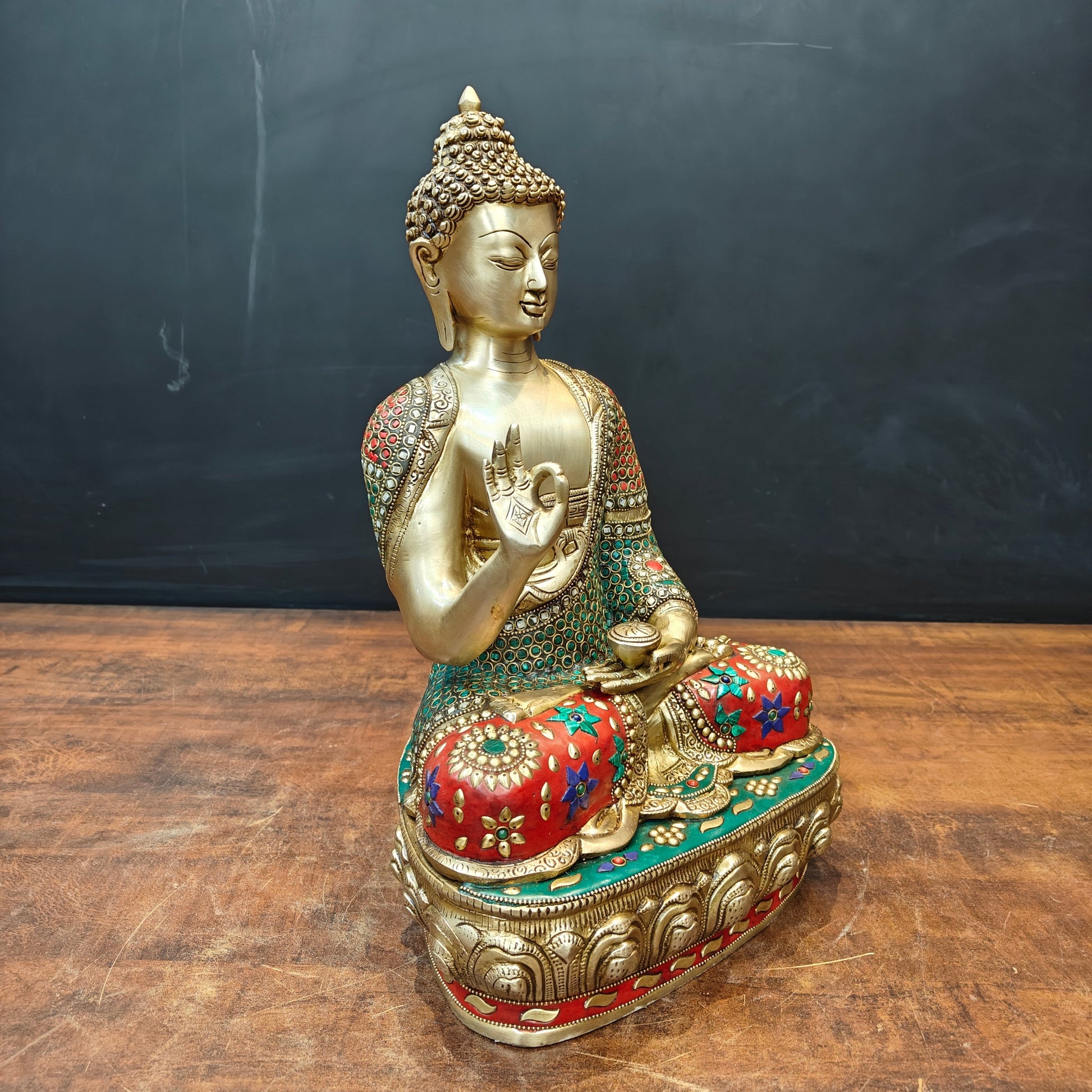 Brass Blessing Buddha Statue With Stone Work 16 Inch - Image 5