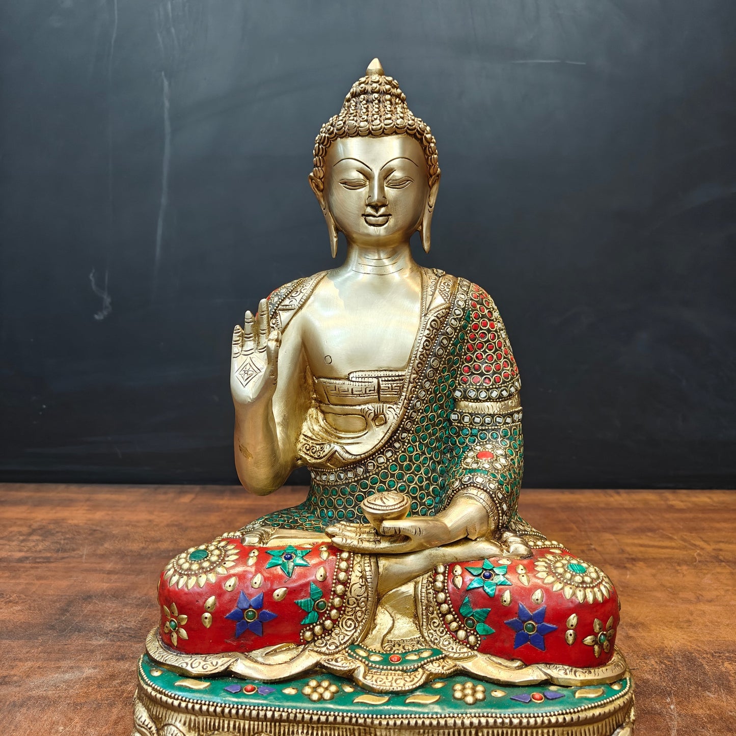Brass Blessing Buddha Statue With Stone Work 16 Inch