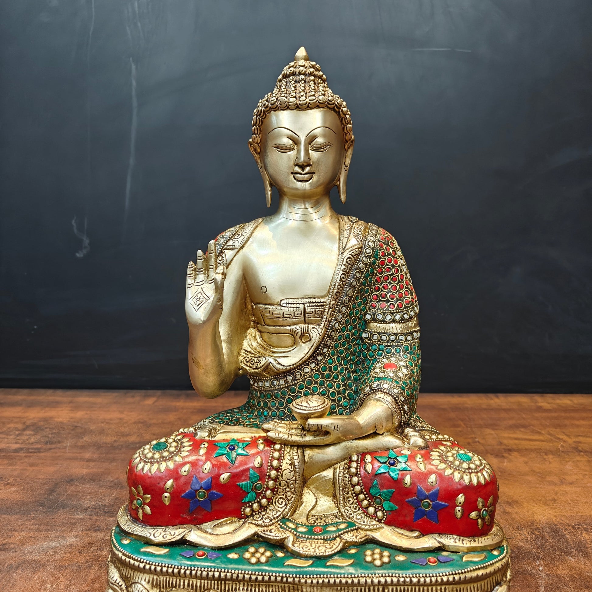 Brass Blessing Buddha Statue With Stone Work 16 Inch - Image 6