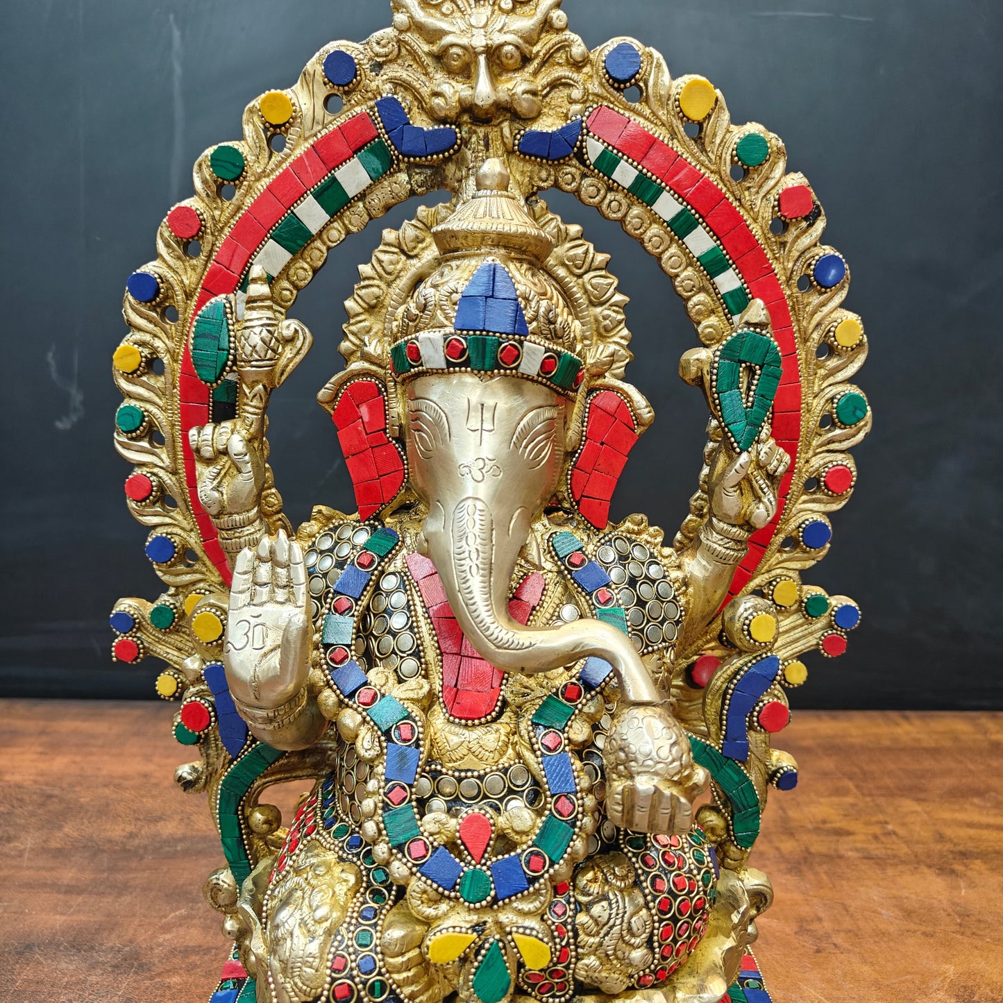 Brass Ganesha Statue Sitting On Lotus Base With Stone Work 18 Inches