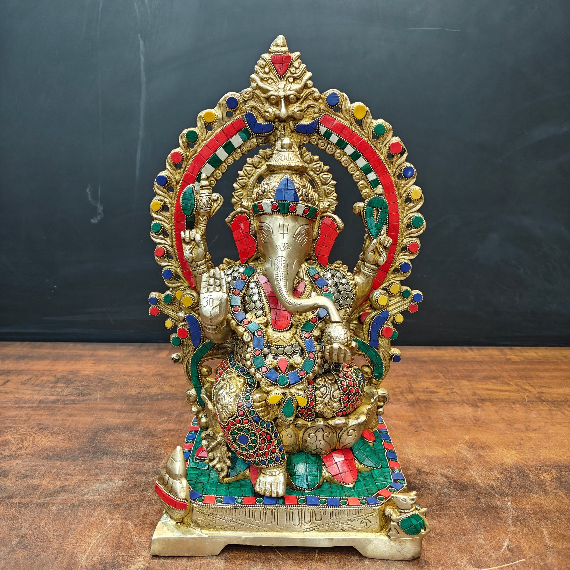 Brass Ganesha Statue Sitting On Lotus Base With Stone Work 18 Inches - Image 3