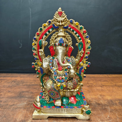 Brass Ganesha Statue Sitting On Lotus Base With Stone Work 18 Inches by vendor-unknown - Hindu Gods (View 3)