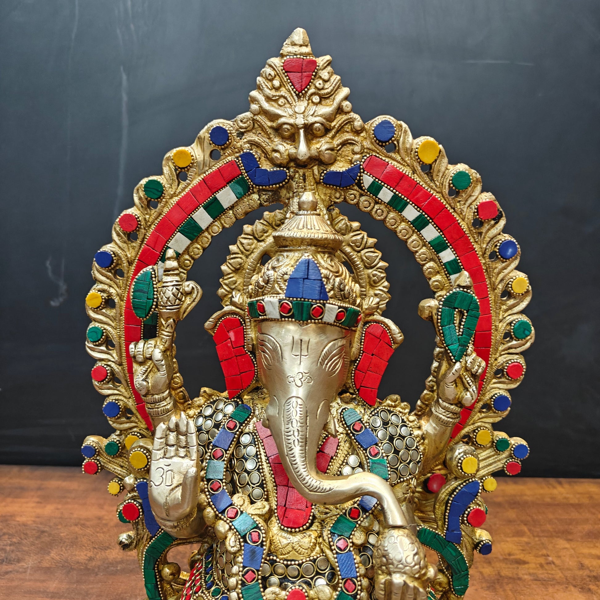 Brass Ganesha Statue Sitting On Lotus Base With Stone Work 18 Inches - Image 4