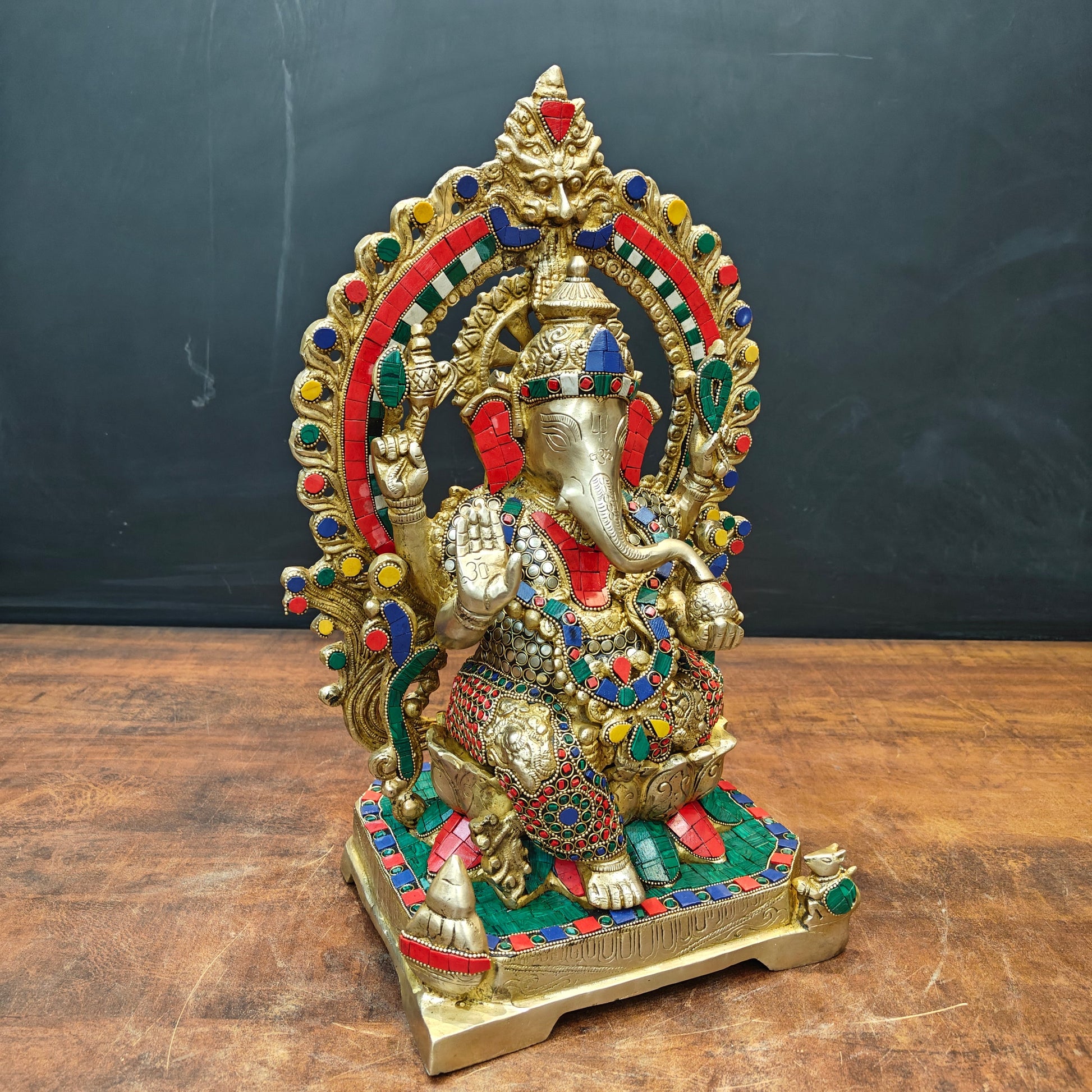 Brass Ganesha Statue Sitting On Lotus Base With Stone Work 18 Inches - Image 5