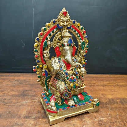 Brass Ganesha Statue Sitting On Lotus Base With Stone Work 18 Inches by vendor-unknown - Hindu Gods (View 5)