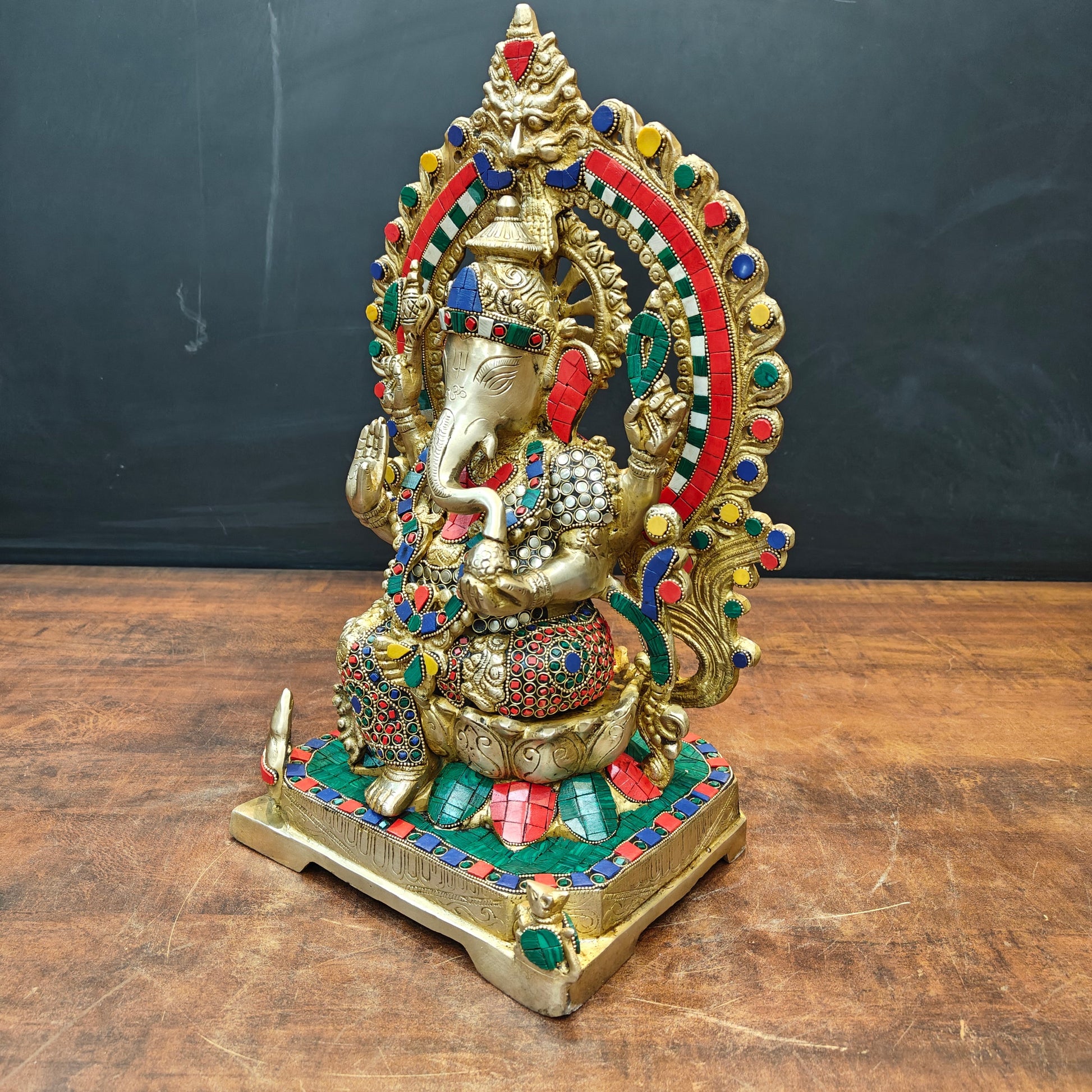 Brass Ganesha Statue Sitting On Lotus Base With Stone Work 18 Inches - Image 6