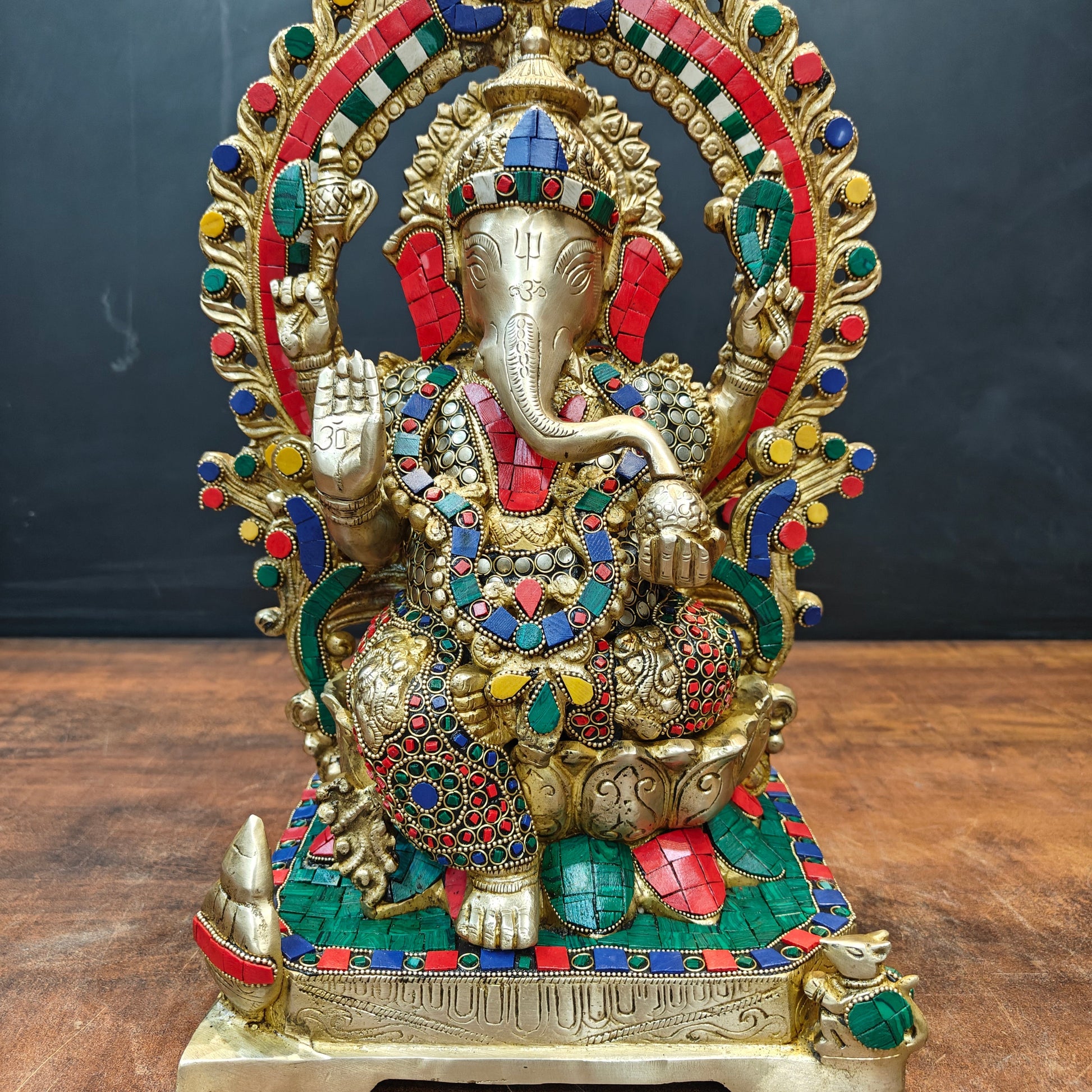 Brass Ganesha Statue Sitting On Lotus Base With Stone Work 18 Inches - Image 7