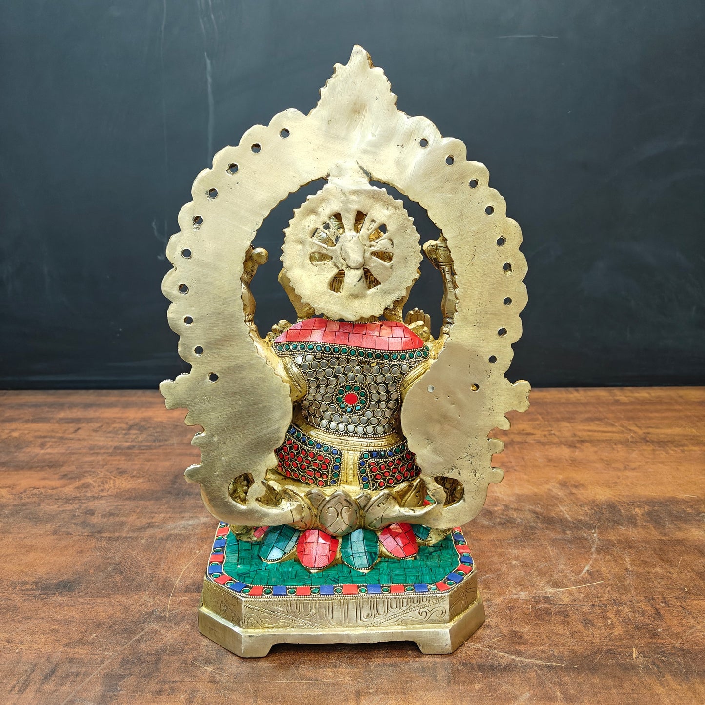 Brass Ganesha Statue Sitting On Lotus Base With Stone Work 18 Inches