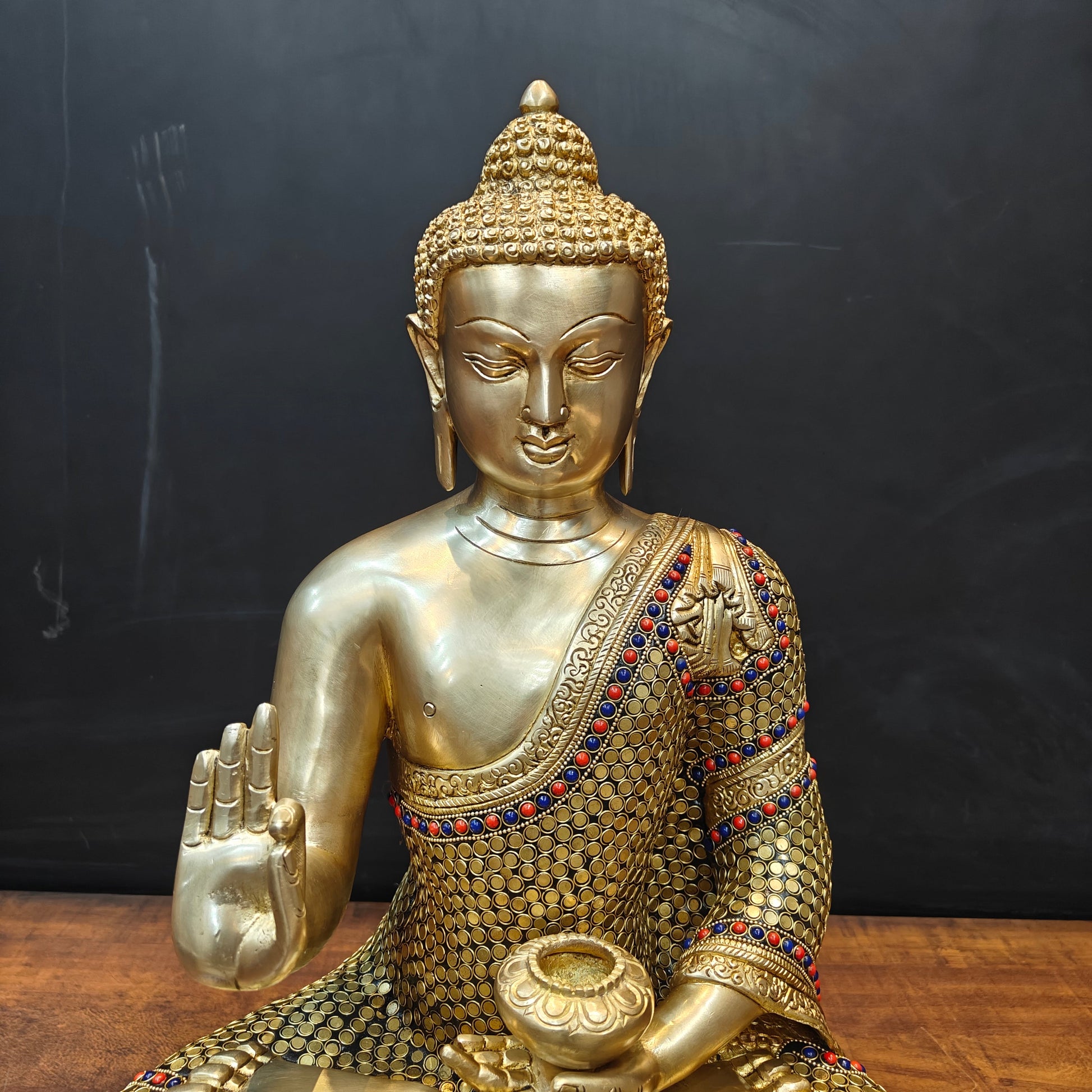 Brass Blessing Buddha Statue With Stone Work 2 Feet - Image 2