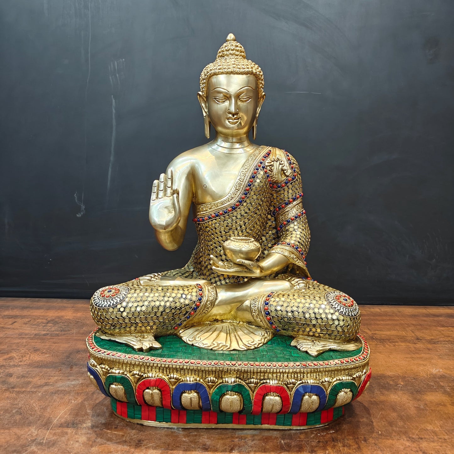 Brass Blessing Buddha Statue With Stone Work 2 Feet